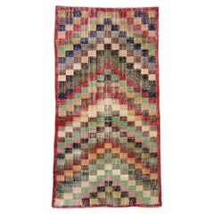 Distressed Vintage Turkish Sivas Rug with Rustic Mid-Century Modern Cubist Style
