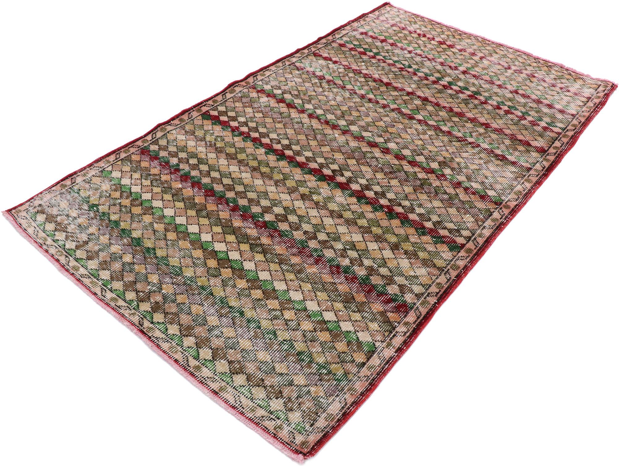 53343, distressed vintage Turkish Sivas rug with Rustic Mid-Century Modern style. This hand knotted wool distressed vintage Turkish Sivas rug features an all-over checkered stripe pattern comprised of rows of multicolored diamonds. Each row of