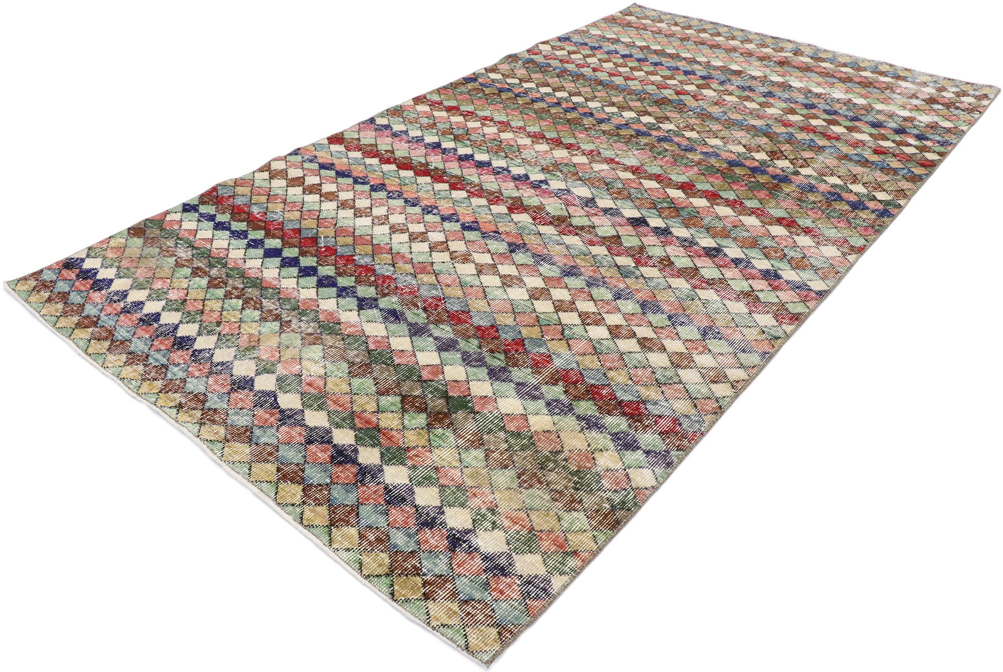 53333, distressed vintage Turkish Sivas rug with Rustic Mid-Century Modern style. This hand knotted wool distressed vintage Turkish Sivas rug features an all-over checkered stripe pattern comprised of rows of multicolored diamonds. Each row of