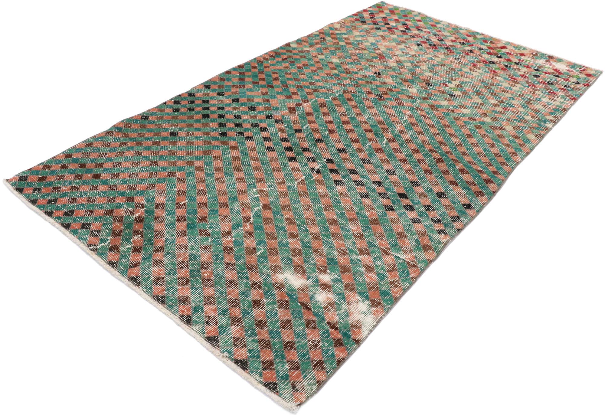 53351, distressed vintage Turkish Sivas rug with rustic Mid-Century Modern style. This hand knotted wool distressed vintage Turkish Sivas rug features an all-over geometric pattern comprised of multi-colored diamonds. Gentle waves of abrash and