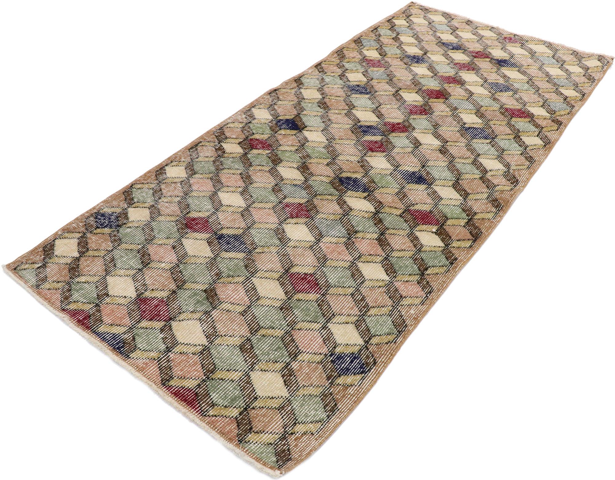 53350, distressed vintage Turkish Sivas rug with rustic Mid-Century Modern style. This hand knotted wool distressed vintage Turkish Sivas rug features an all-over lattice pattern spread across an abrashed field. Cream and brown parallelograms form a