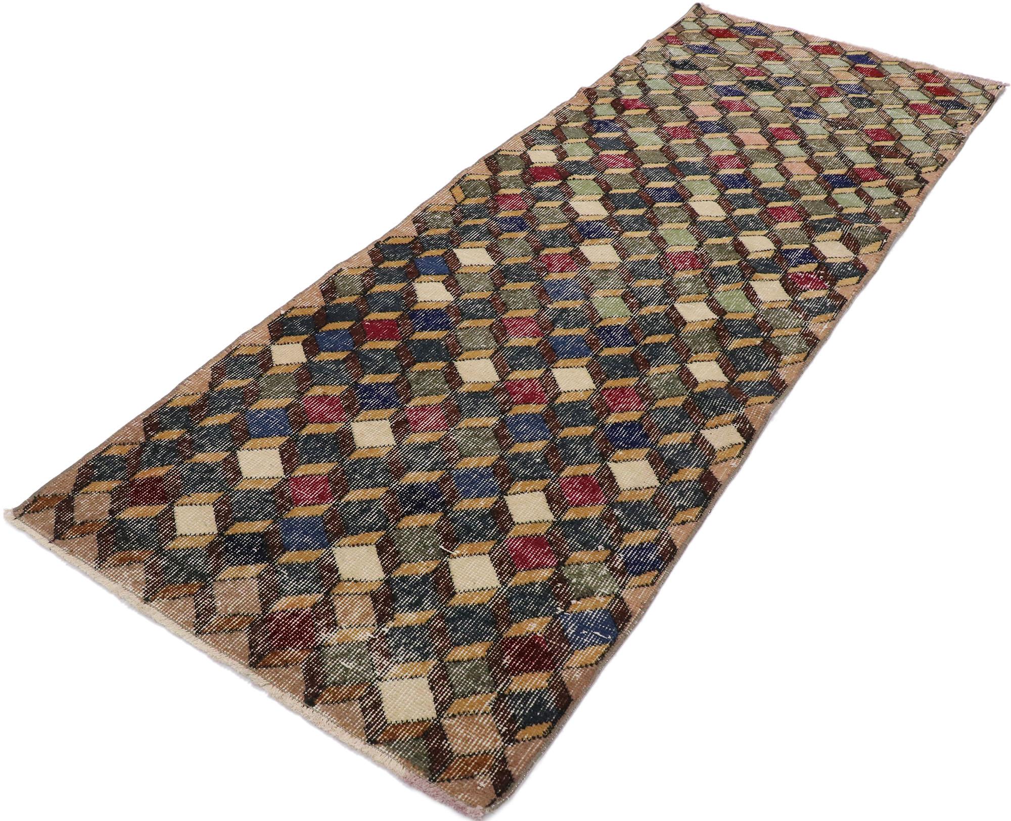 53360, distressed vintage Turkish Sivas rug with Rustic Mid-Century Modern style. This hand knotted wool distressed vintage Turkish Sivas rug features an all-over lattice pattern spread across an abrashed field. Tan and brown parallelograms form a