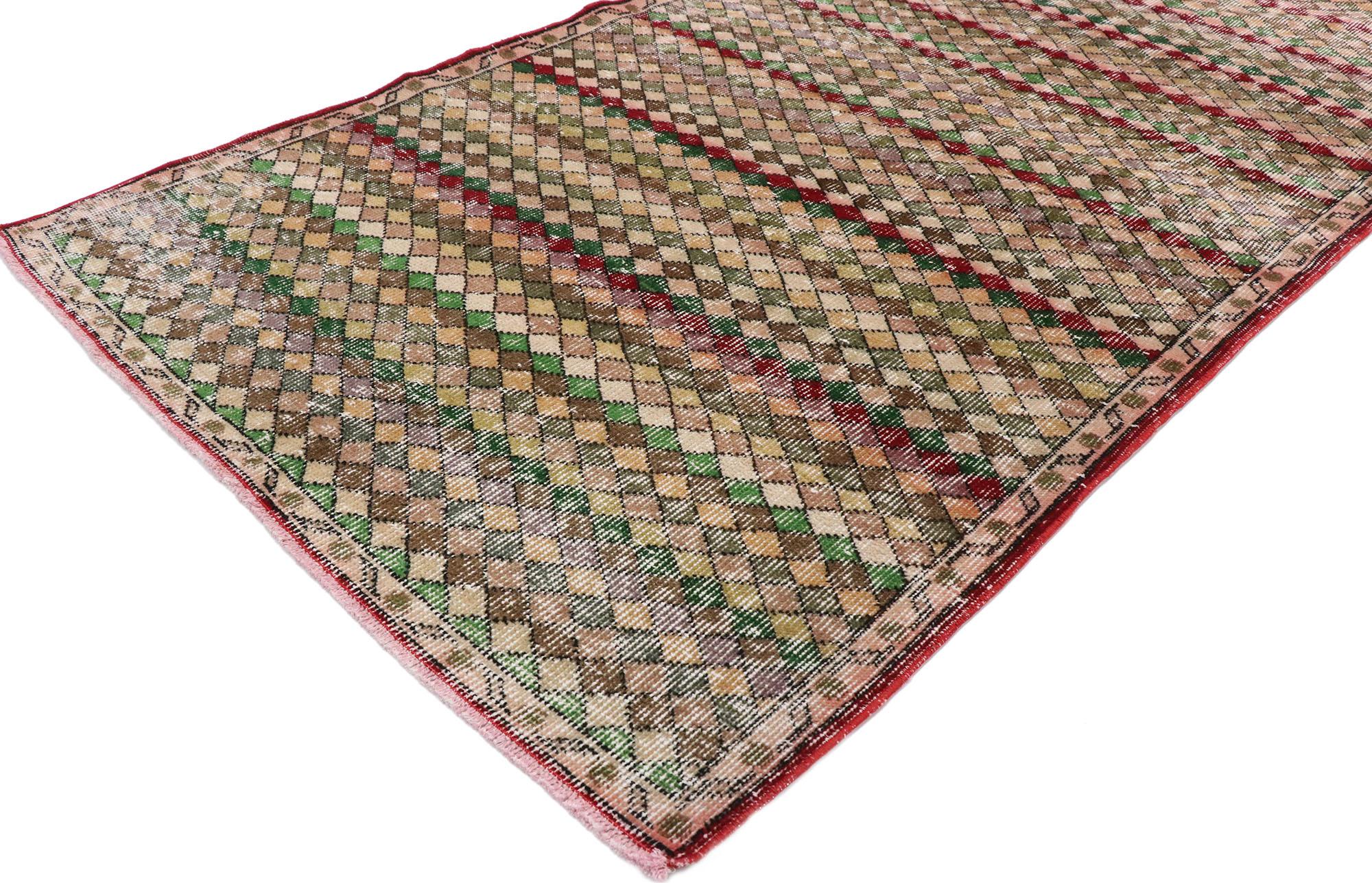 Hand-Knotted Distressed Vintage Turkish Sivas Rug with Rustic Mid-Century Modern Style For Sale