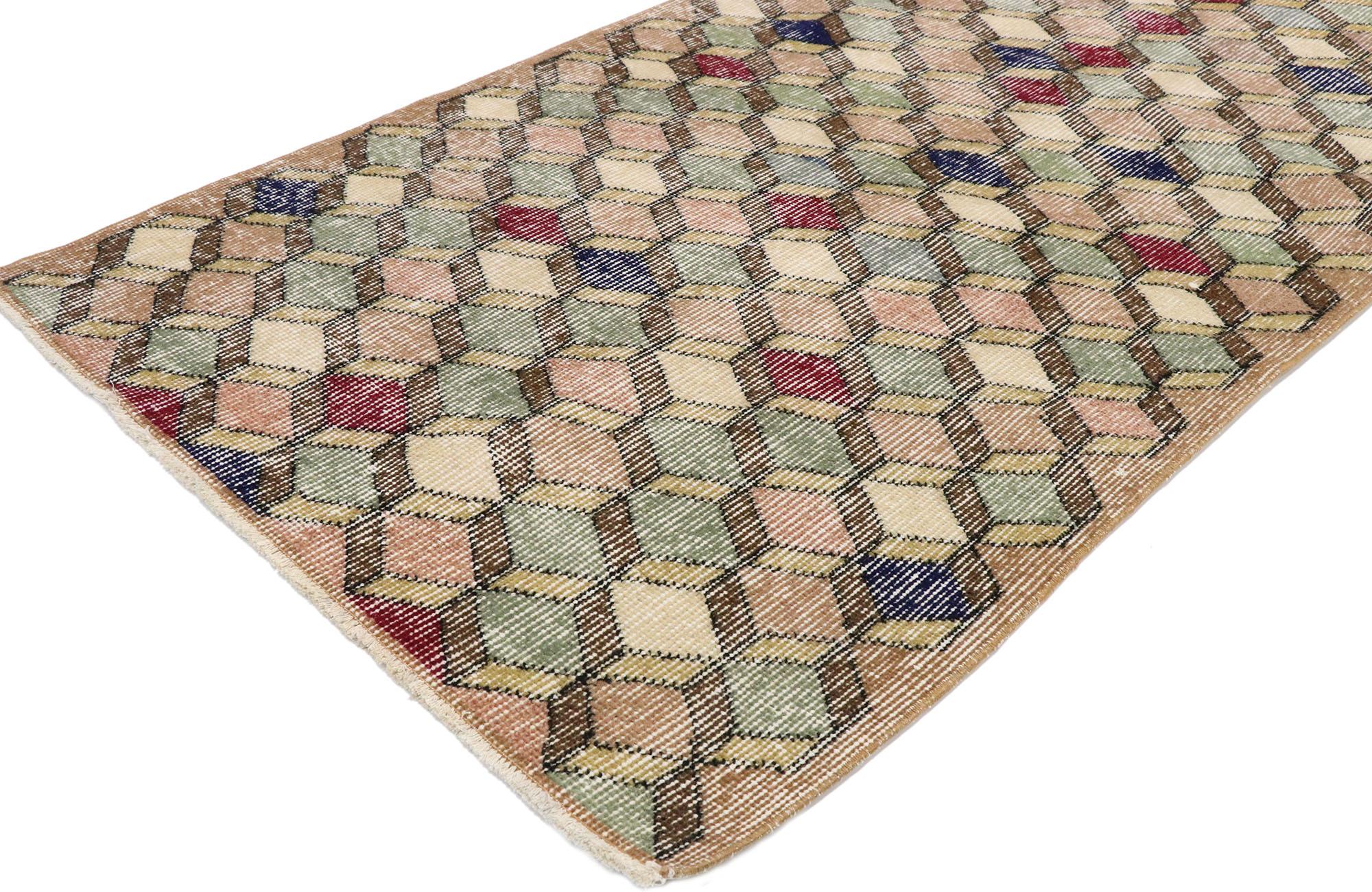Hand-Knotted Distressed Vintage Turkish Sivas Rug with Rustic Mid-Century Modern Style For Sale