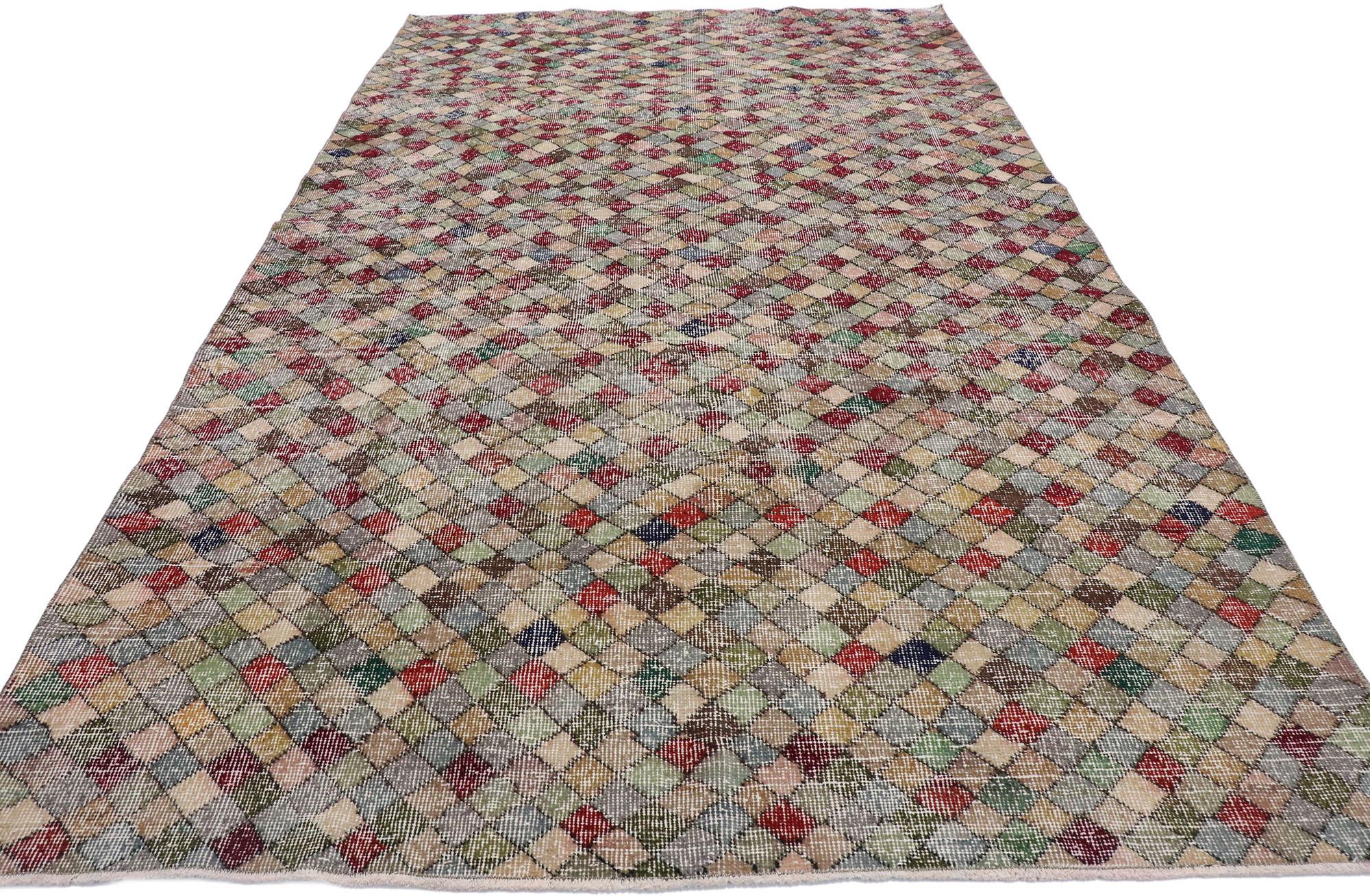 Hand-Knotted Distressed Vintage Turkish Sivas Rug with Rustic Mid-Century Modern Style For Sale