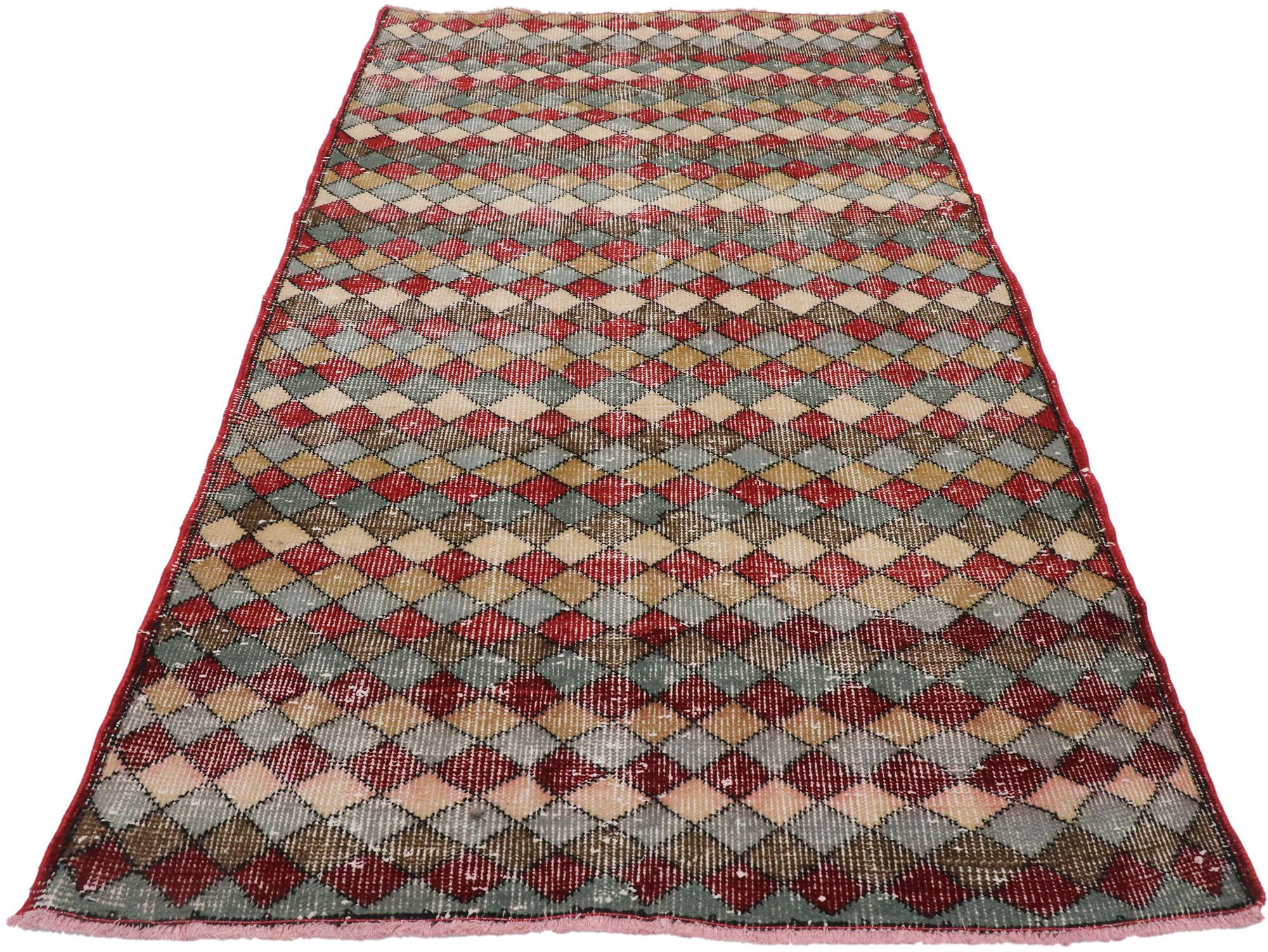 Distressed Vintage Turkish Sivas Rug with Rustic Mid-Century Modern Style In Distressed Condition For Sale In Dallas, TX