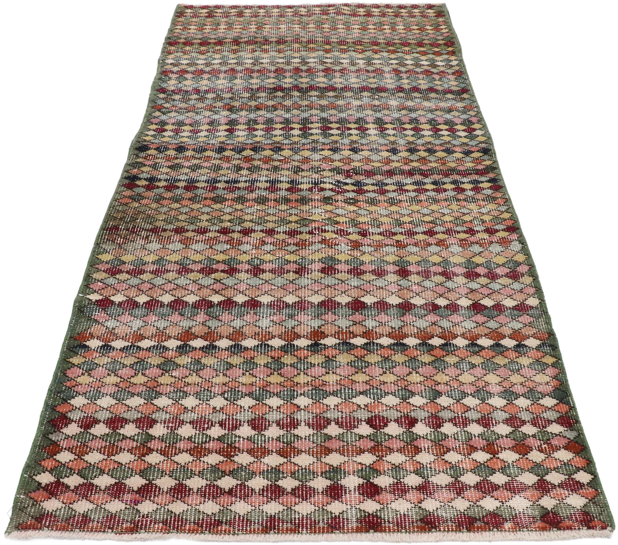 Distressed Vintage Turkish Sivas Rug with Rustic Mid-Century Modern Style In Distressed Condition For Sale In Dallas, TX