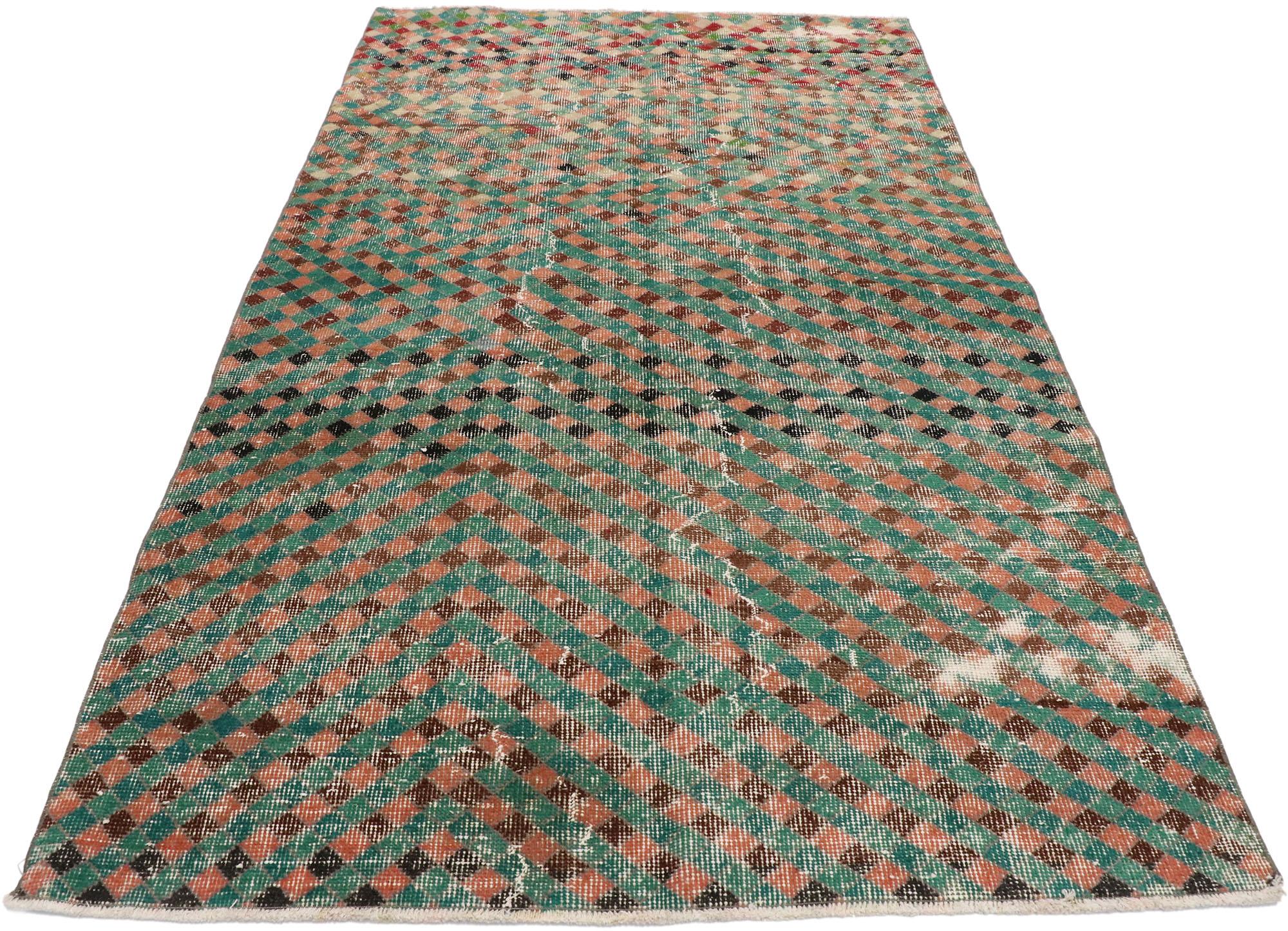 Distressed Vintage Turkish Sivas Rug with Rustic Mid-Century Modern Style In Distressed Condition For Sale In Dallas, TX