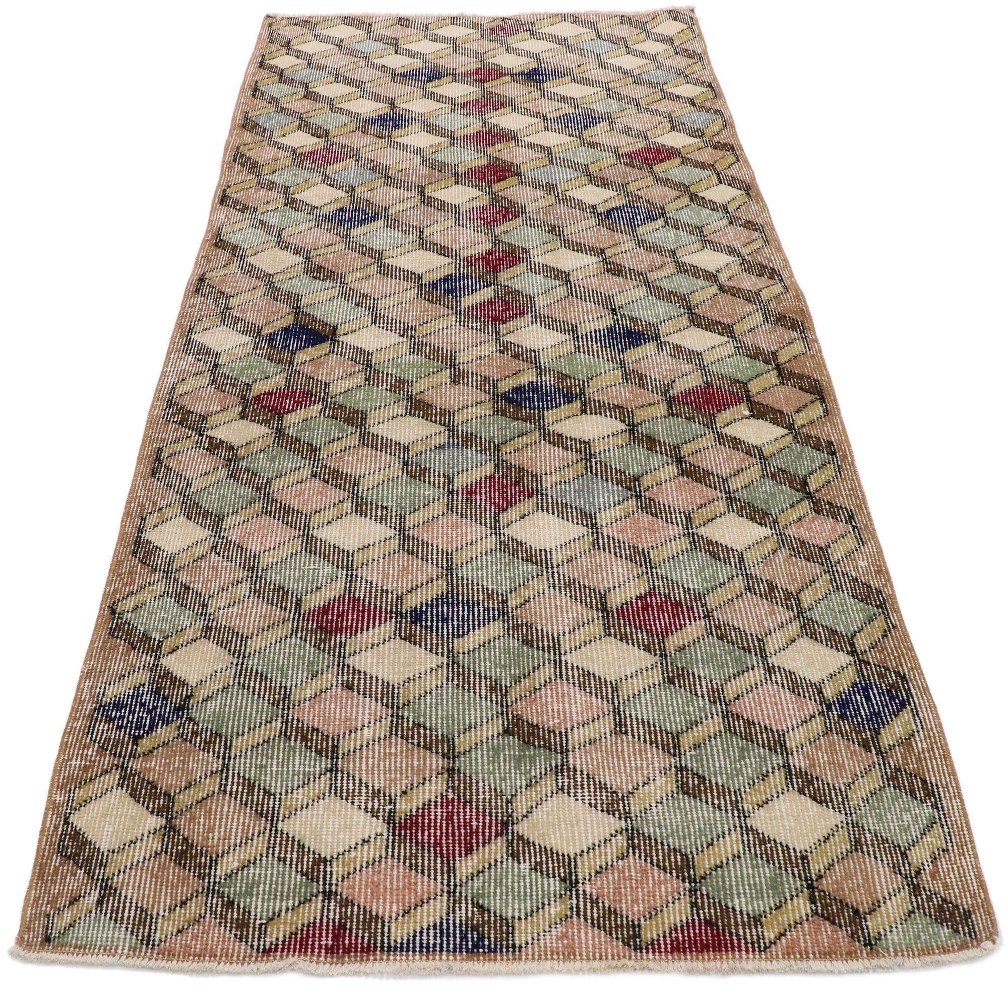 Distressed Vintage Turkish Sivas Rug with Rustic Mid-Century Modern Style In Distressed Condition For Sale In Dallas, TX