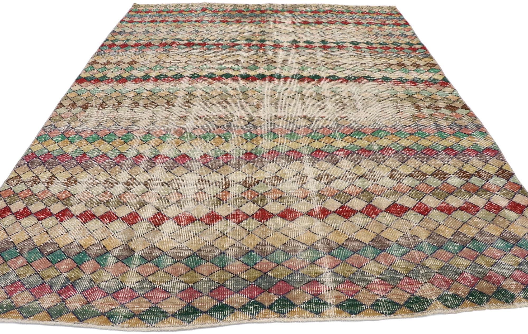 20th Century Distressed Vintage Turkish Sivas Rug with Rustic Mid-Century Modern Style For Sale