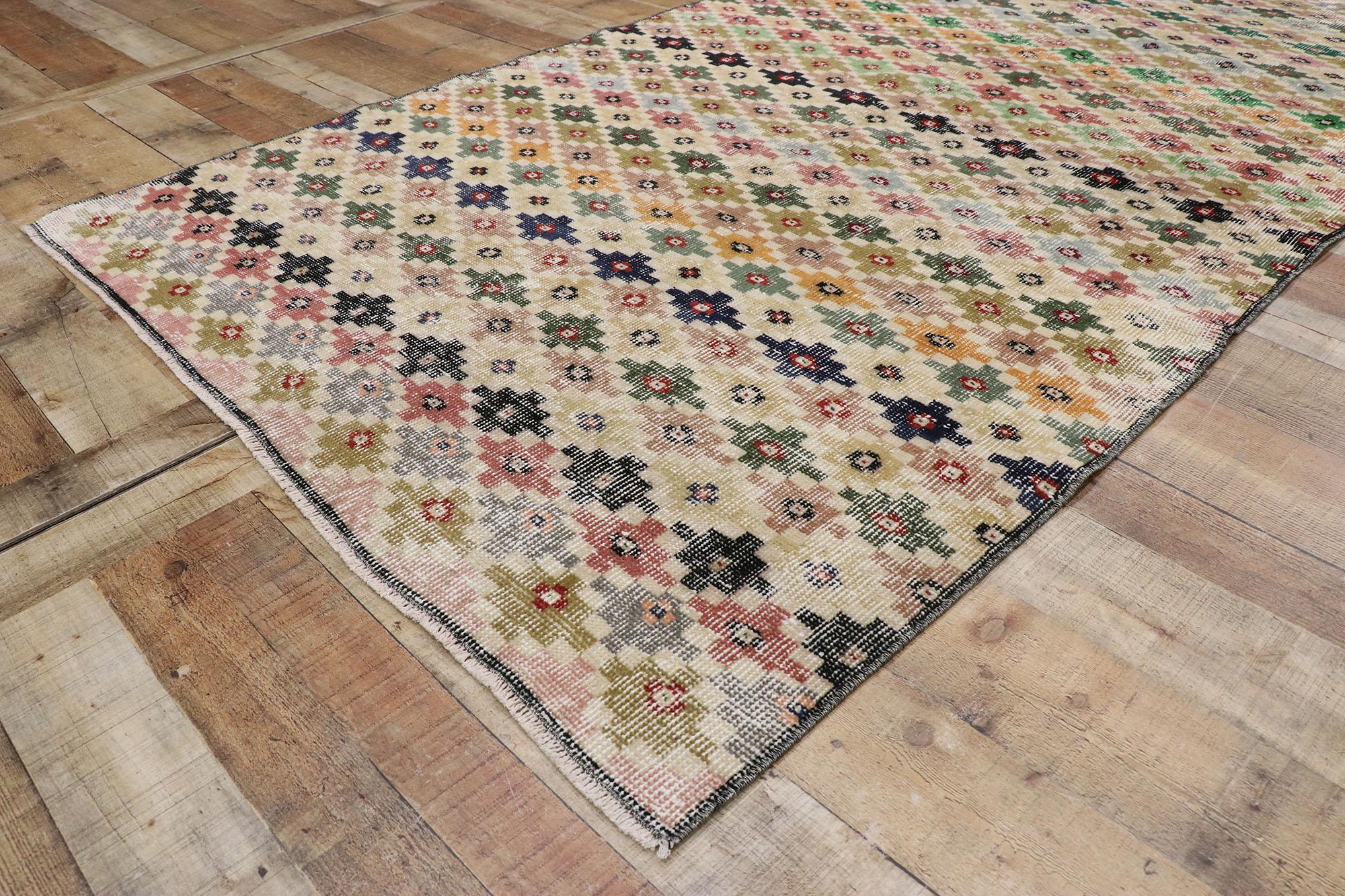 Wool Distressed Vintage Turkish Sivas Rug with Rustic Mid-Century Modern Style For Sale