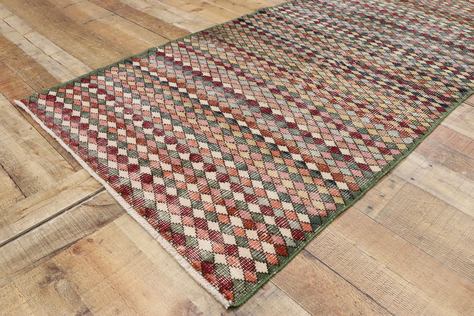 Distressed Vintage Turkish Sivas Rug with Rustic Mid-Century Modern Style For Sale 1