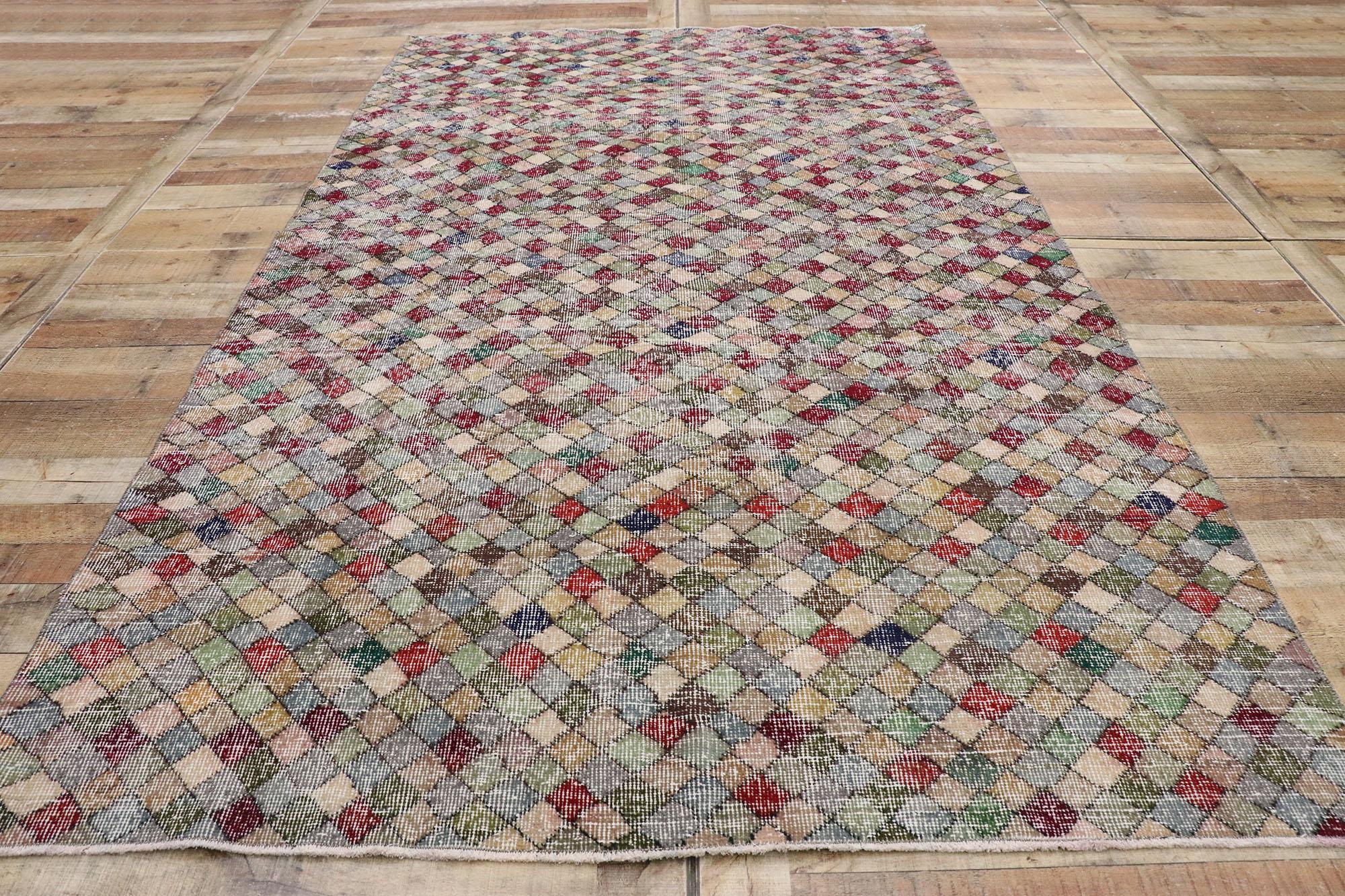 Distressed Vintage Turkish Sivas Rug with Rustic Mid-Century Modern Style For Sale 1