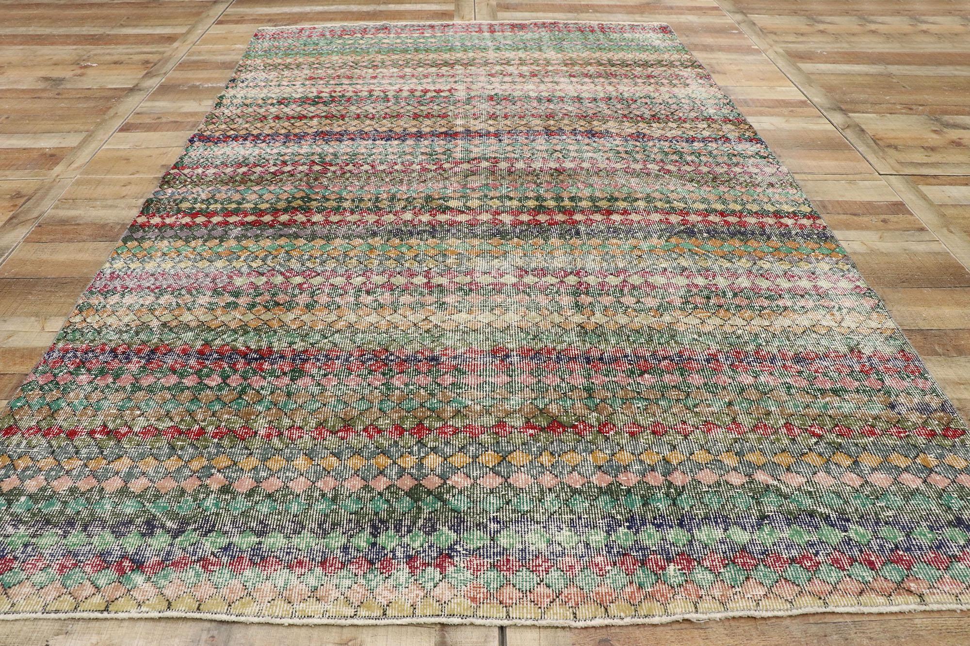 Distressed Vintage Turkish Sivas Rug with Rustic Mid-Century Modern Style For Sale 2