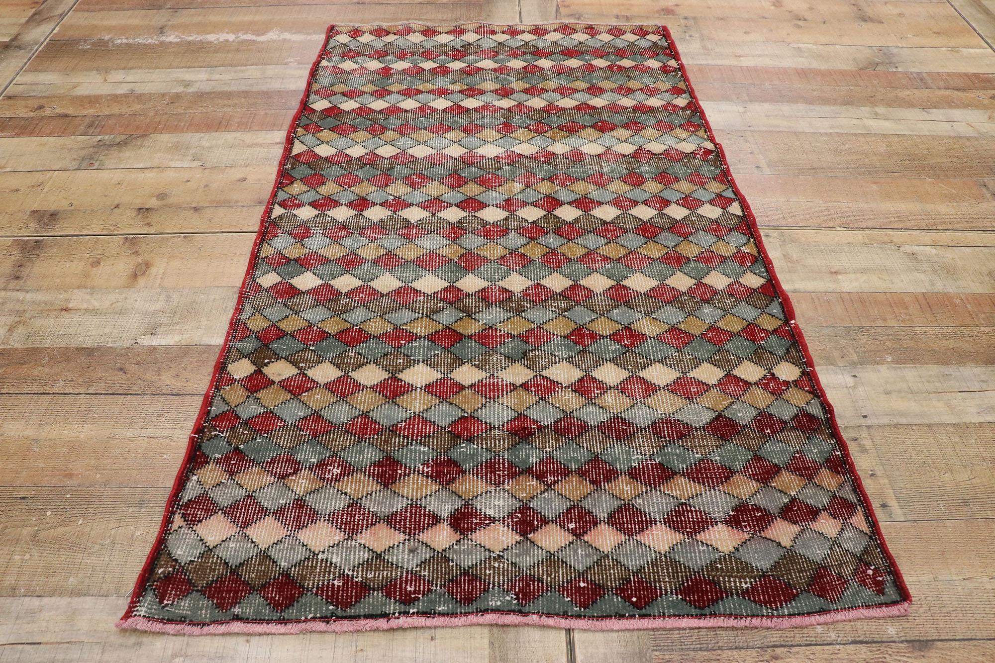 Distressed Vintage Turkish Sivas Rug with Rustic Mid-Century Modern Style For Sale 2