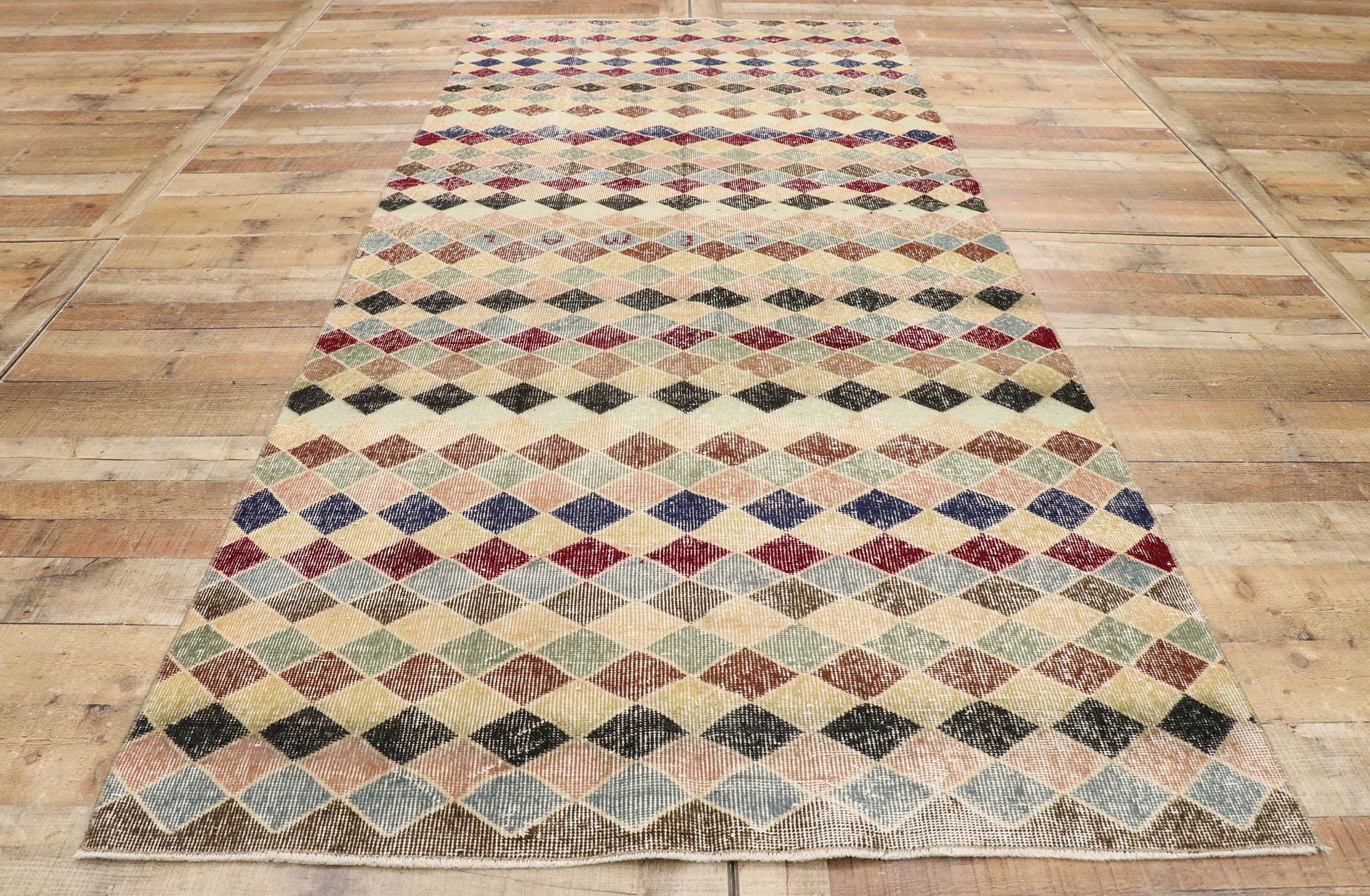 Distressed Vintage Turkish Sivas Rug with Rustic Mid-Century Modern Style For Sale 2