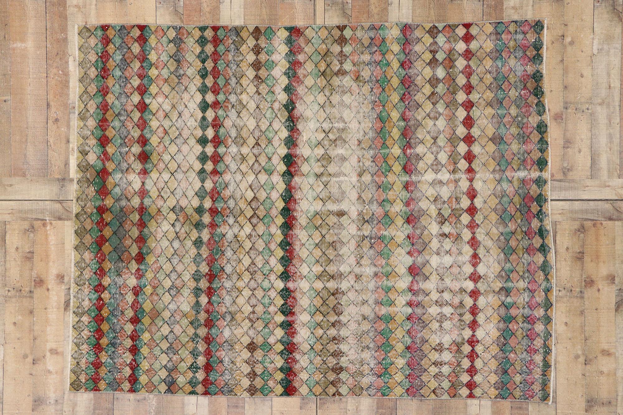 Distressed Vintage Turkish Sivas Rug with Rustic Mid-Century Modern Style For Sale 3