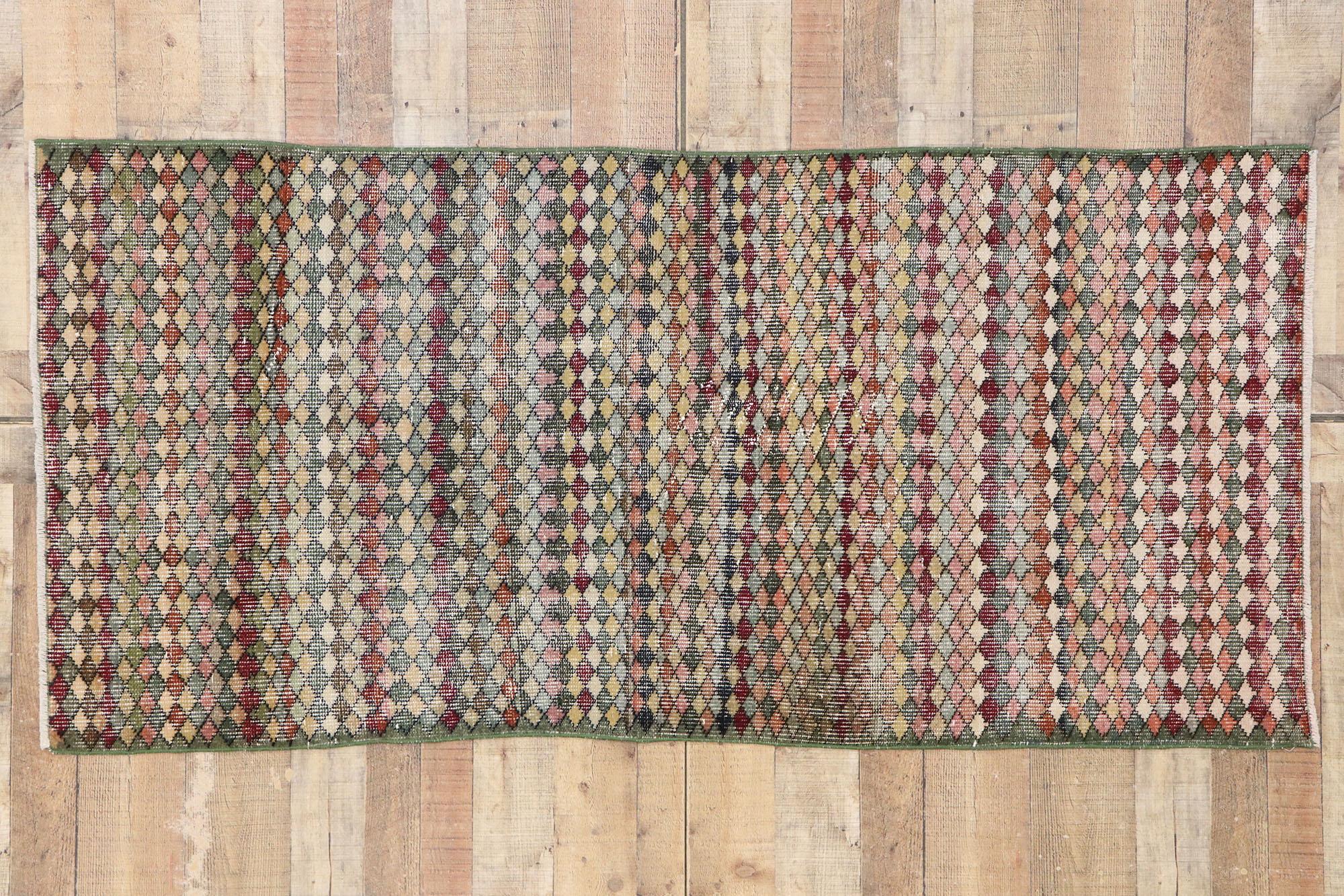 Distressed Vintage Turkish Sivas Rug with Rustic Mid-Century Modern Style For Sale 3