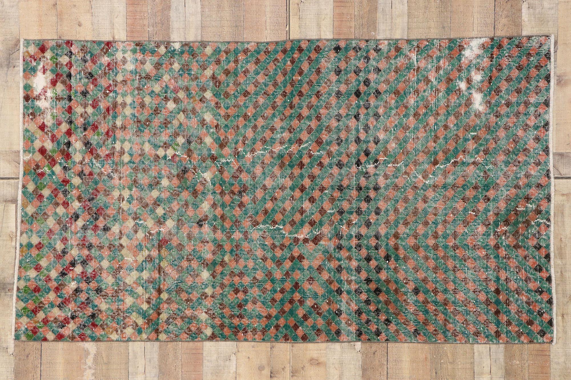 Distressed Vintage Turkish Sivas Rug with Rustic Mid-Century Modern Style For Sale 3