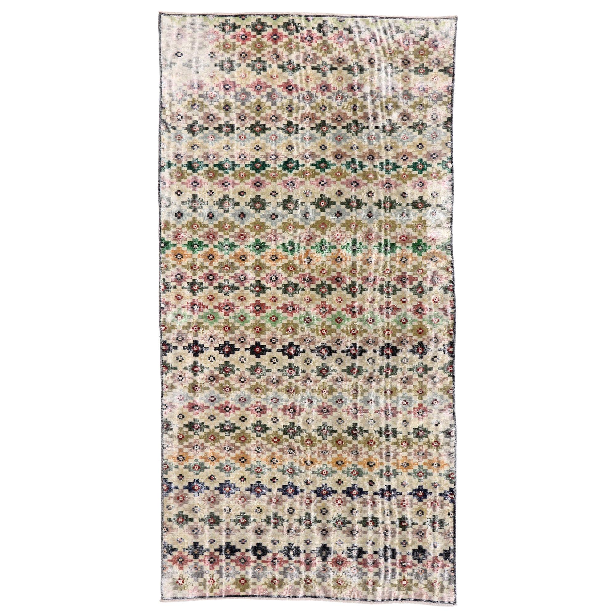 Distressed Vintage Turkish Sivas Rug with Rustic Mid-Century Modern Style For Sale
