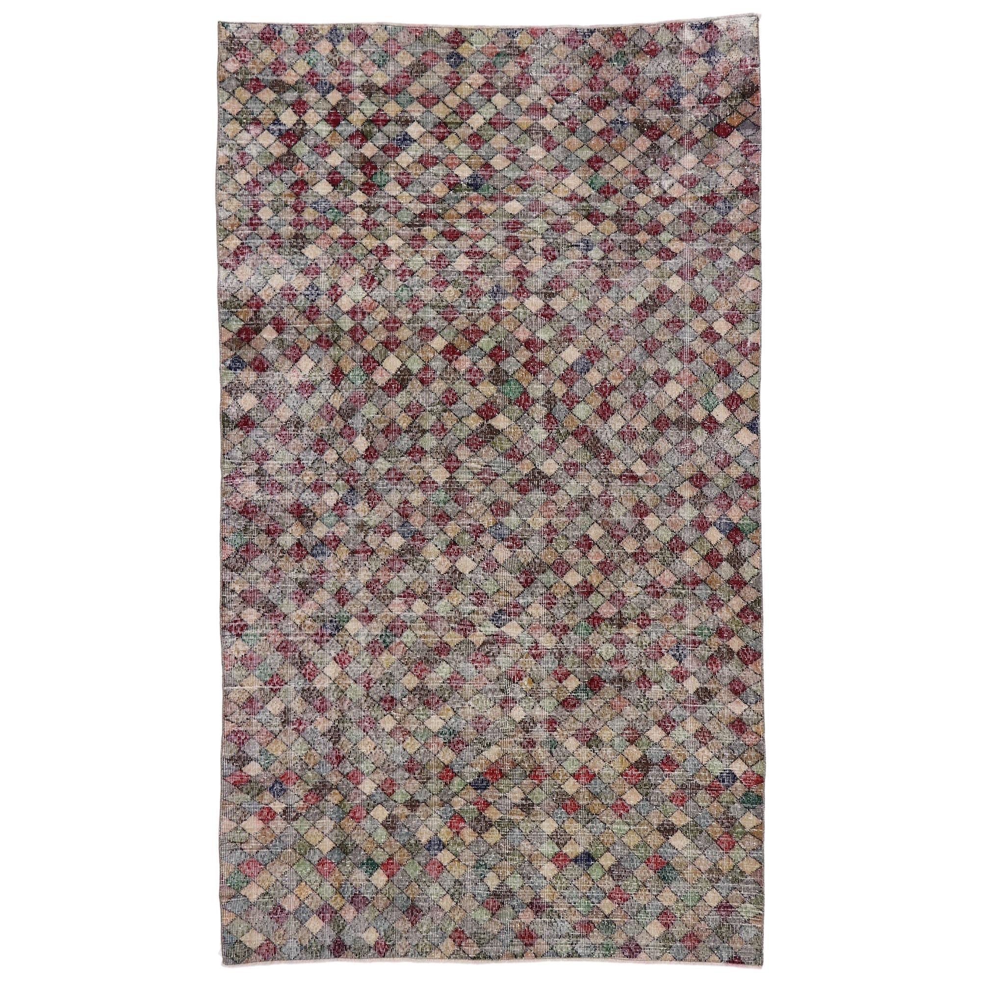 Distressed Vintage Turkish Sivas Rug with Rustic Mid-Century Modern Style For Sale