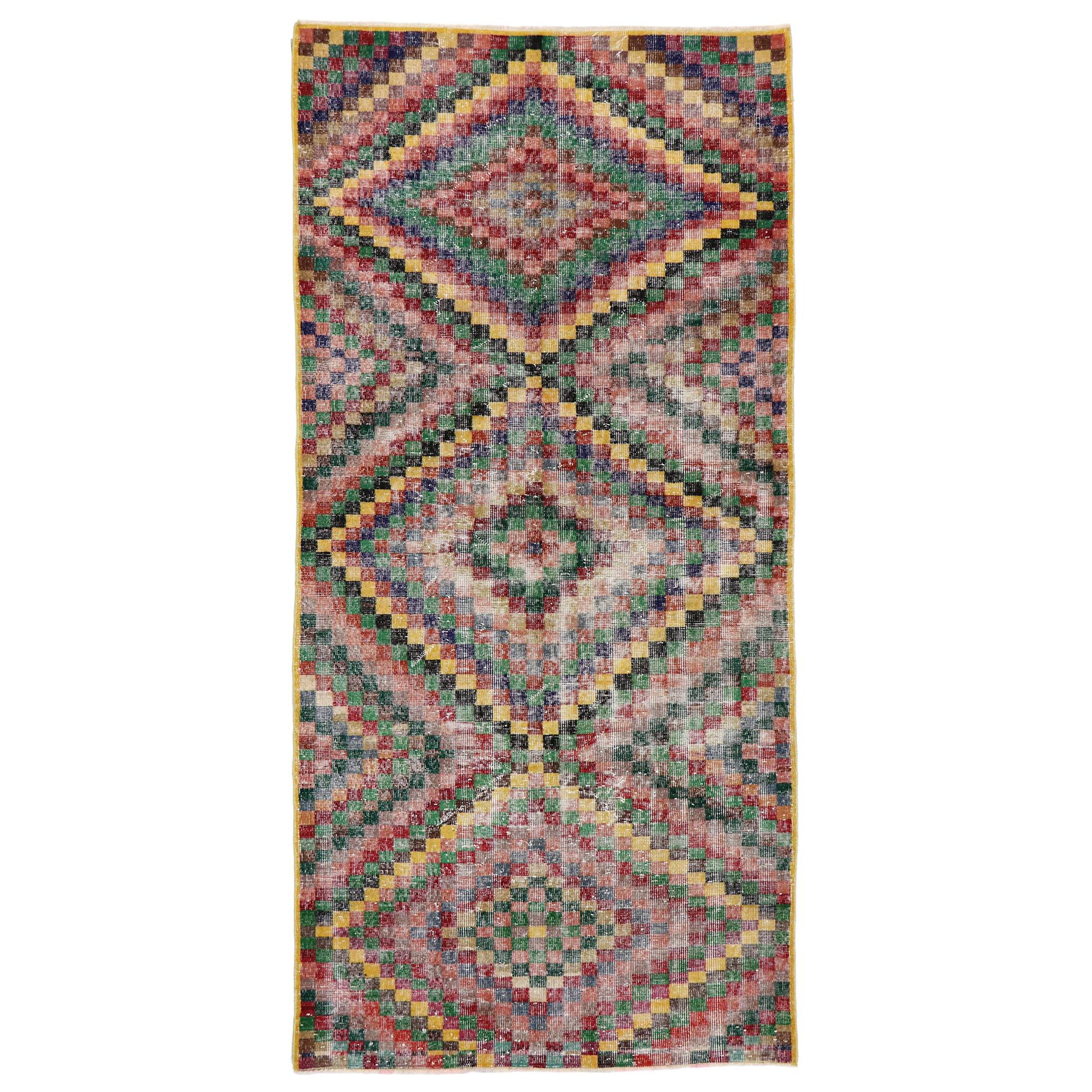 Distressed Vintage Turkish Sivas Rug with Rustic Mid-Century Modern Style For Sale