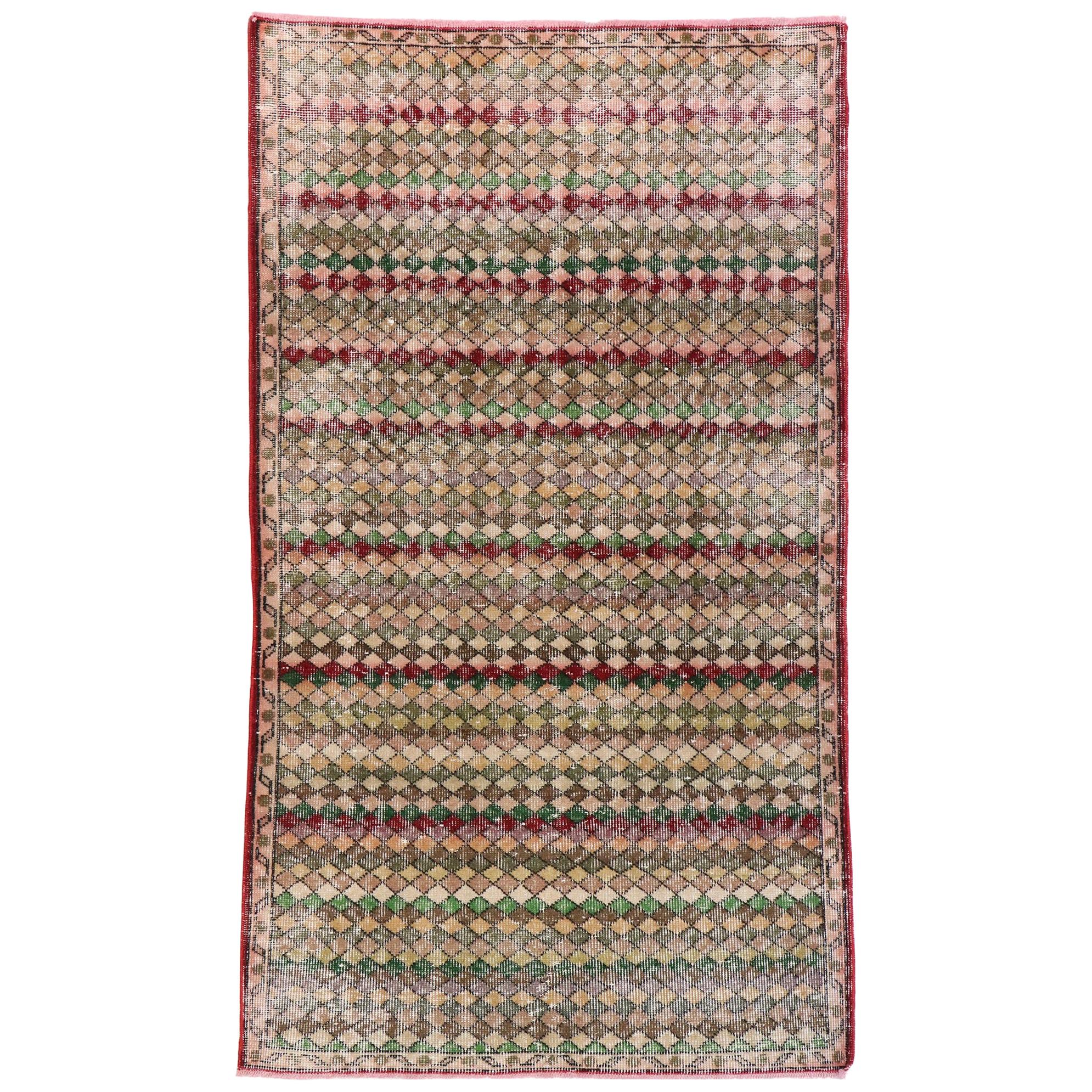 Distressed Vintage Turkish Sivas Rug with Rustic Mid-Century Modern Style For Sale