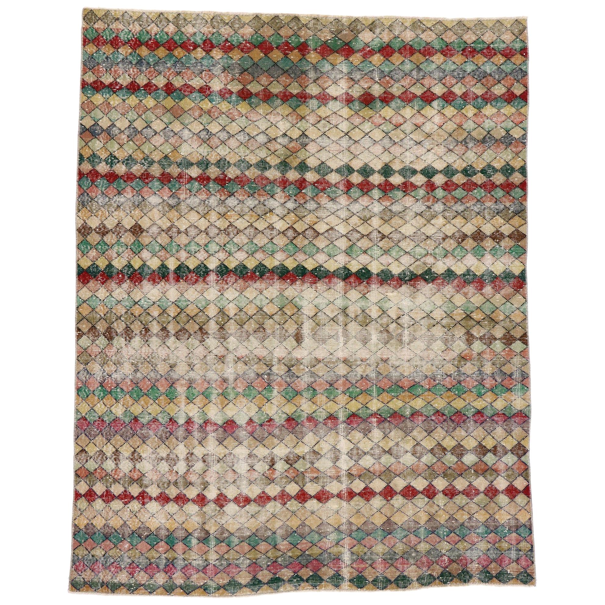 Distressed Vintage Turkish Sivas Rug with Rustic Mid-Century Modern Style