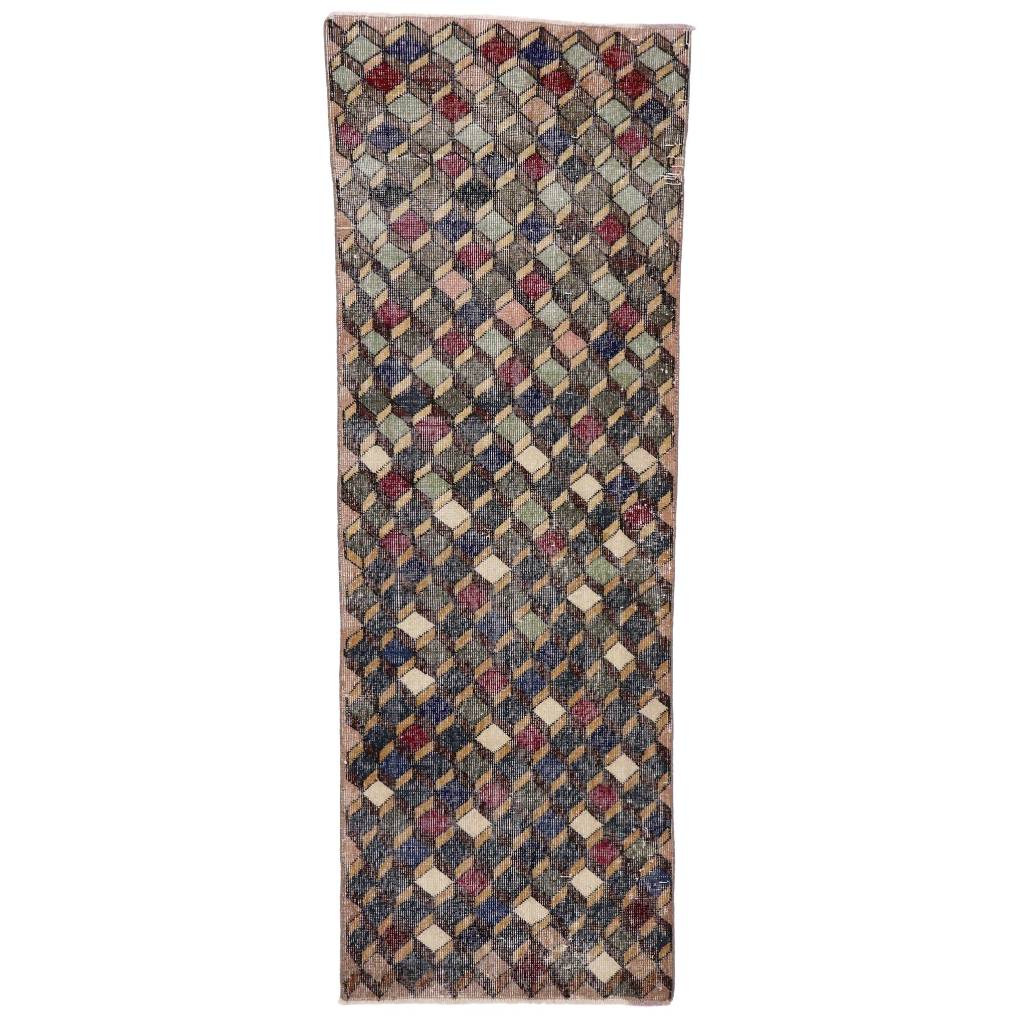 Distressed Vintage Turkish Sivas Rug with Rustic Mid-Century Modern Style