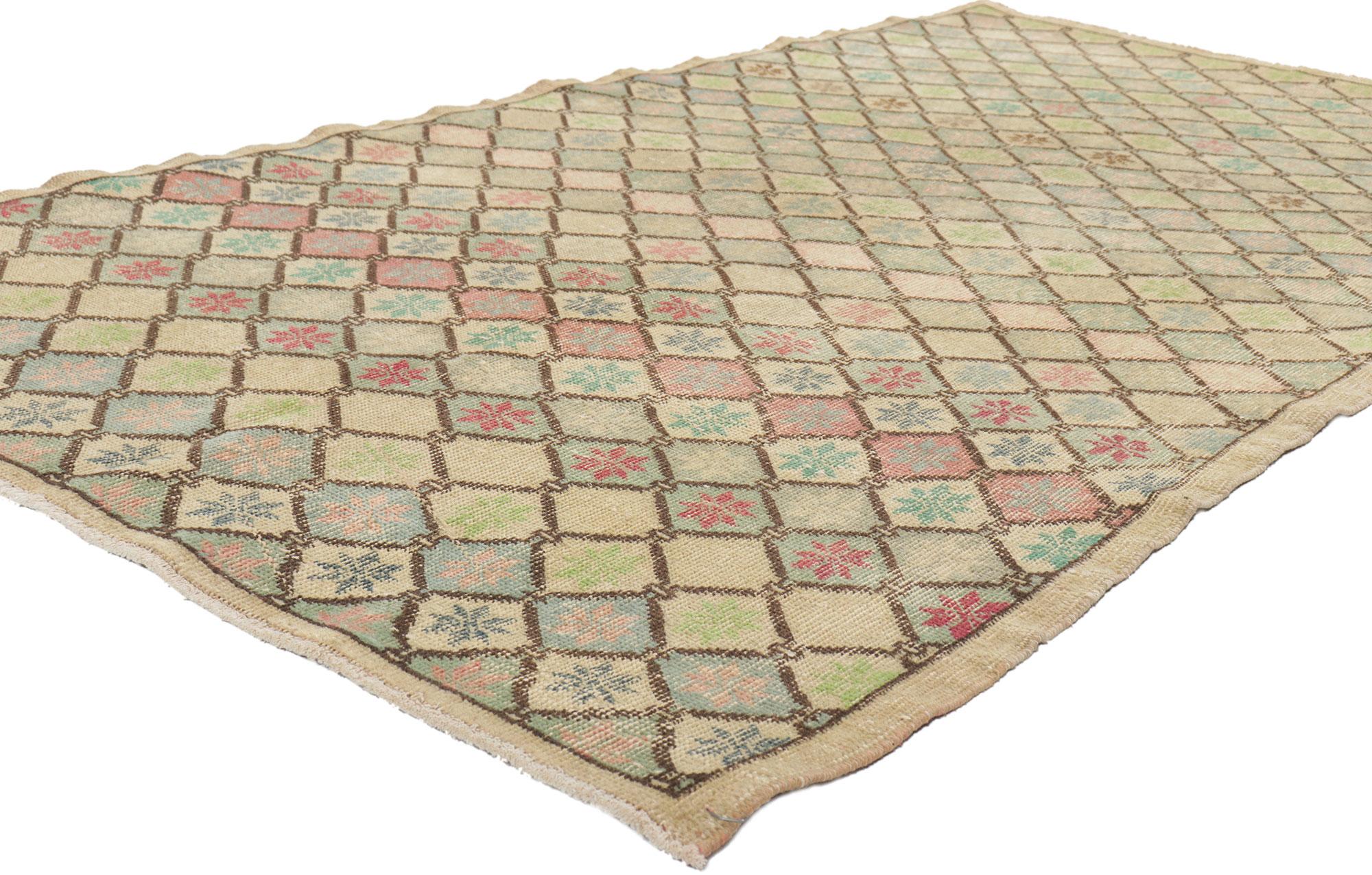 51003 Distressed Vintage Turkish Sivas Rug, 04'00 X 07'07.
Vintage charm meets rustic elegance in this hand kotted distressed Turkish Sivas rug. The faded allover pattern and pastel earth-tone colors woven into this piece work together creating a
