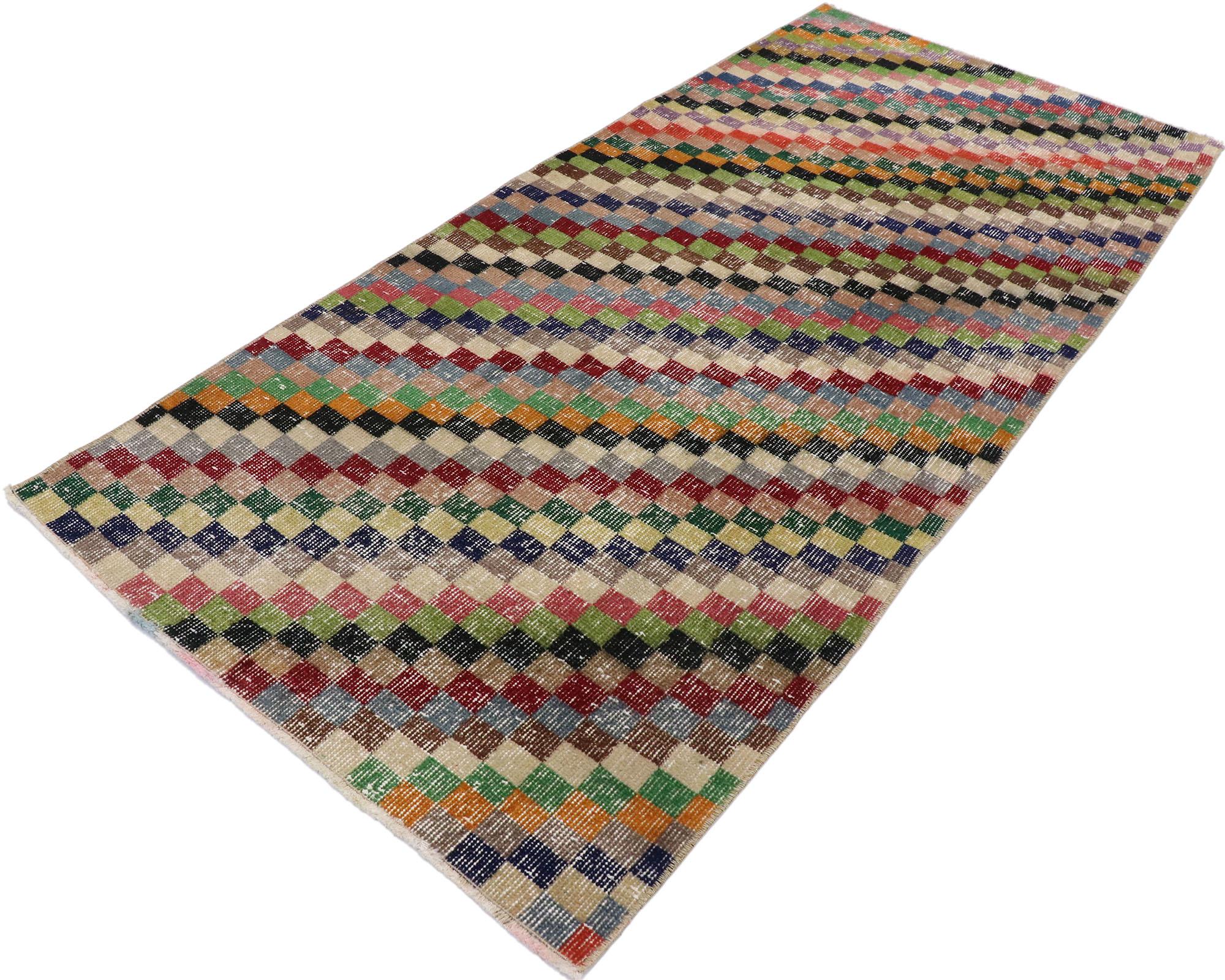 53319, distressed vintage Turkish Sivas rug with Rustic Postmodern style. This hand knotted wool distressed vintage Turkish Sivas rug features an all-over checkered diagonal stripe pattern comprised of rows of multi-colored diamonds. Each row of