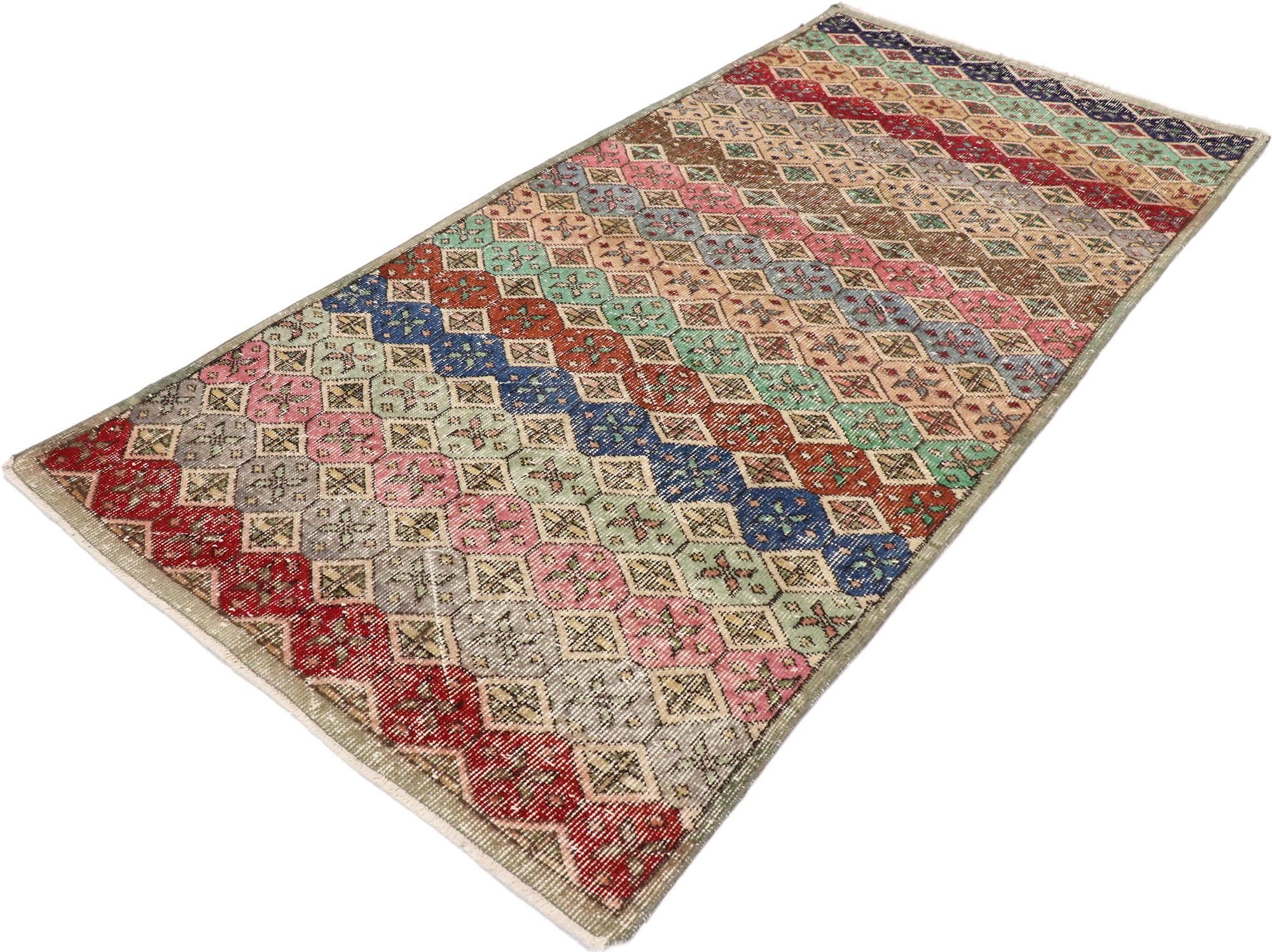 53344, Distressed Vintage Turkish Sivas Rug with Rustic Postmodern Style. This hand knotted wool distressed vintage Turkish Sivas rug features an all-over botanical lattice pattern comprised of hexagons and diamonds embellished with stylized leaves.