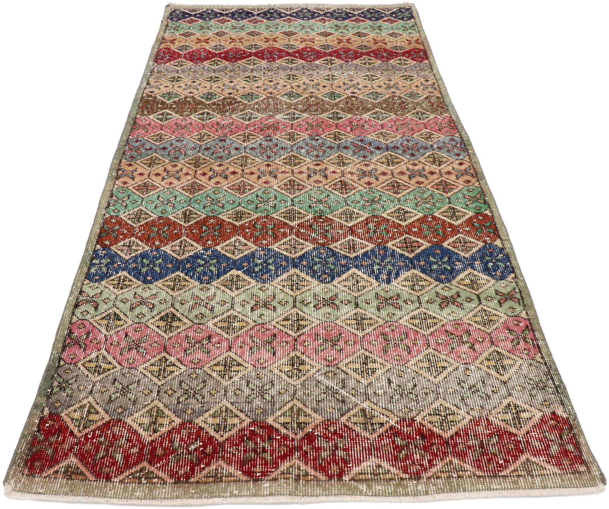 Hand-Knotted Distressed Vintage Turkish Sivas Rug with Rustic Postmodern Style For Sale