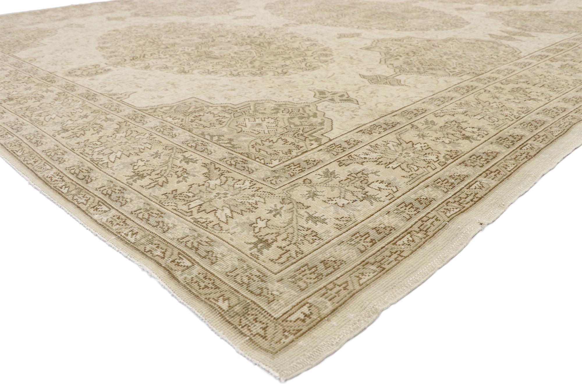 52652 Distressed Vintage Turkish Sivas Rug with Rustic William and Mary Style 09'00 x 12'04. With its neutral color palette, straight and curved lines, this hand knotted wool distressed vintage Turkish Sivas rug beautifully embodies William and Mary