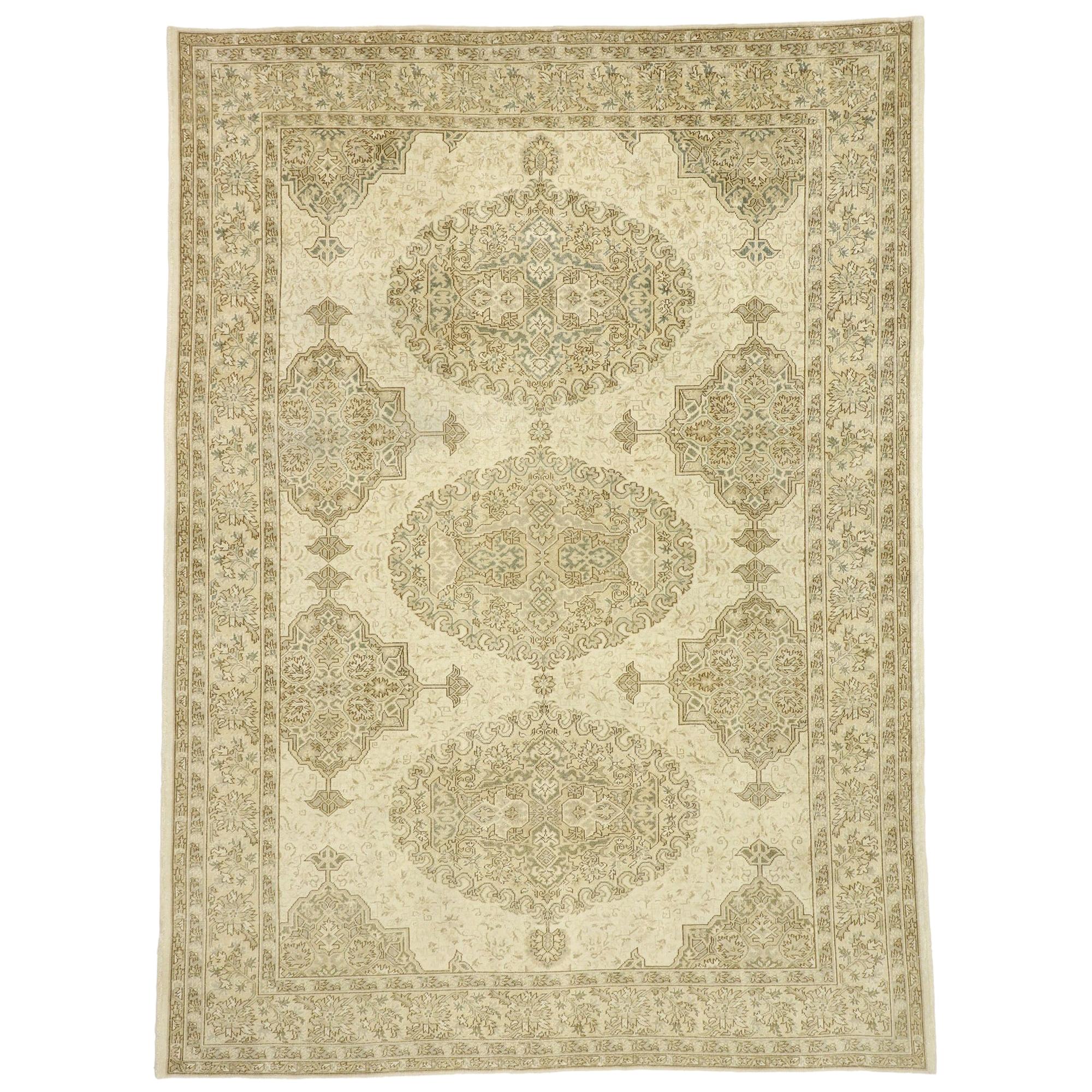 Distressed Vintage Turkish Sivas Rug with Rustic William and Mary Style
