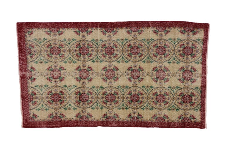 Hand-Knotted Distressed Vintage Turkish Sivas Rug with Shabby Chic English Country Style For Sale