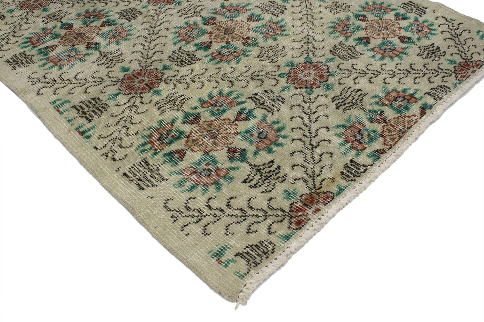51970, distressed vintage Turkish Sivas rug with shabby chic farmhouse style. This distressed vintage Turkish Sivas rug with modern Industrial Art Deco style can make an interior space feel both comfortable and modern yet, full of character.