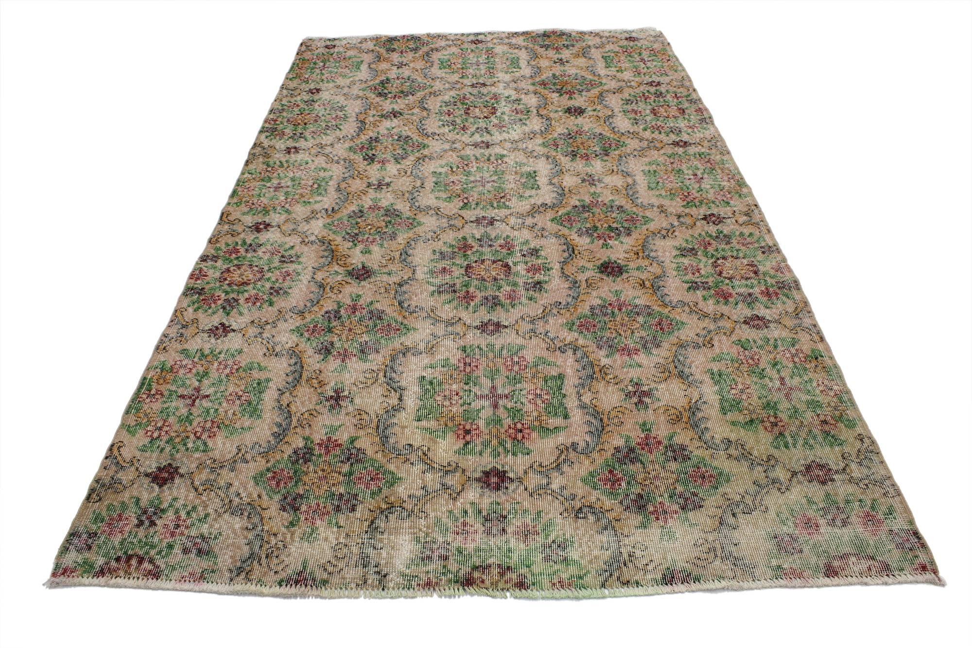 51992 Distressed Vintage Turkish Sivas Rug with Swedish Country Farmhouse Style. Lovingly timeworn with Gustavian grace, this hand knotted wool distressed Turkish Sivas rug beautifully embodies a Swedish Country Farmhouse style. This distressed