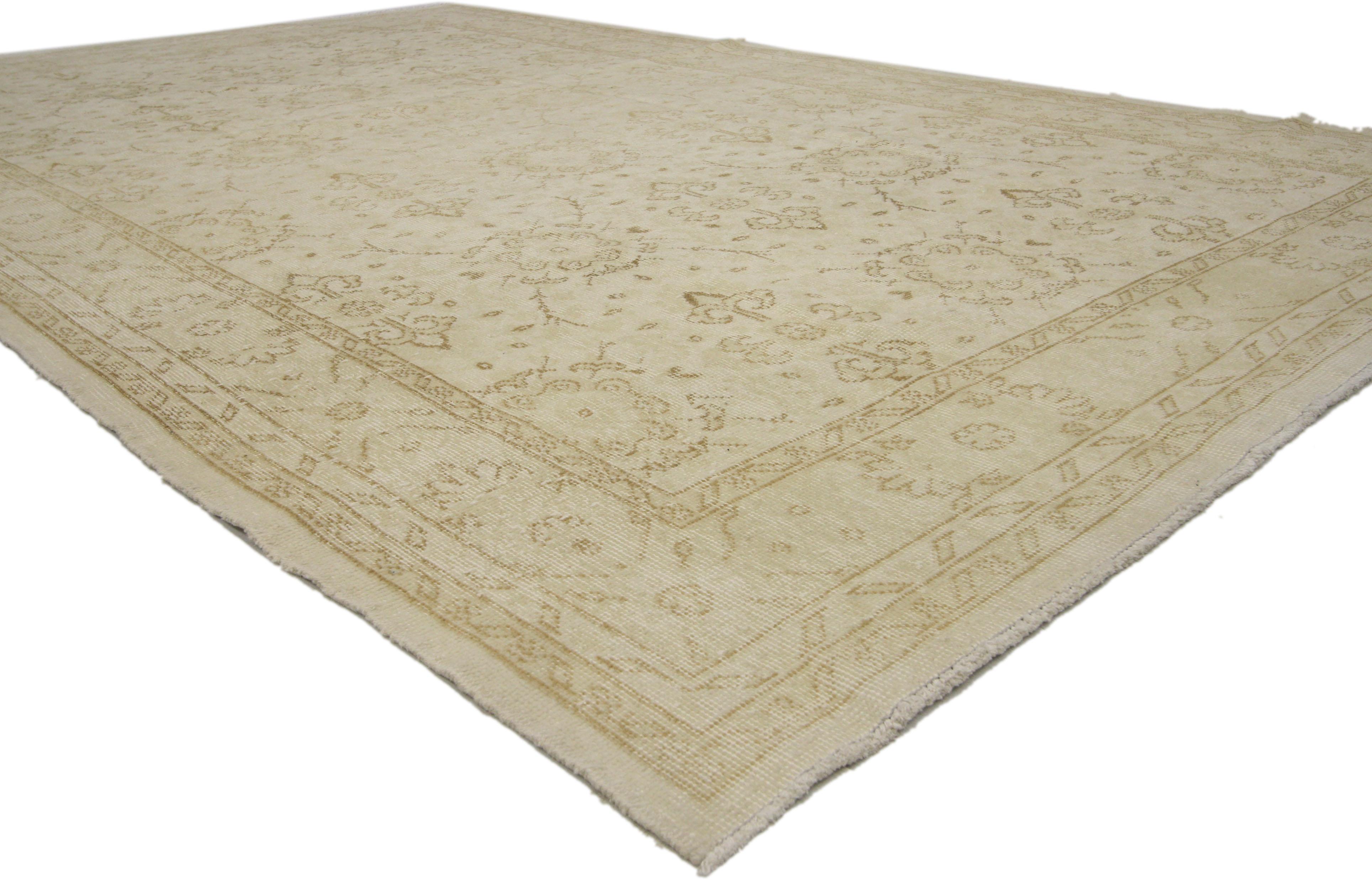 51105 Distressed Turkish Sivas Rug with Shabby Chic Shaker-Gustavian Farmhouse Style. Lovingly timeworn with nostalgic charm and neutral colors, this hand knotted wool distressed vintage Turkish Sivas rug creates an inimitable warmth and calming