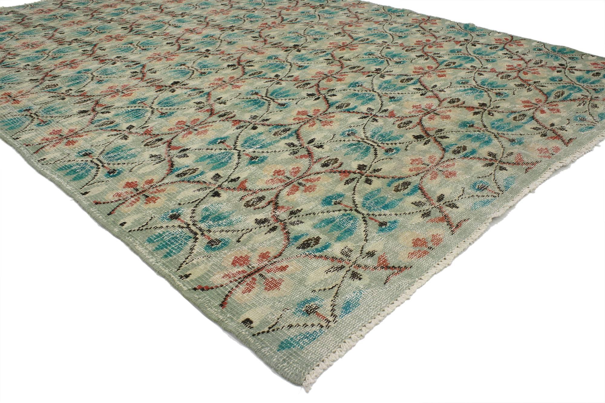 51999 Distressed Vintage Turkish Sivas Rug with Shabby Chic Swedish Farmhouse Style 06'01 x 09'00.Lovingly timeworn with shabby chic vibes, this hand knotted wool distressed Turkish Sivas rug beautifully embodies a Swedish Farmhouse style. The