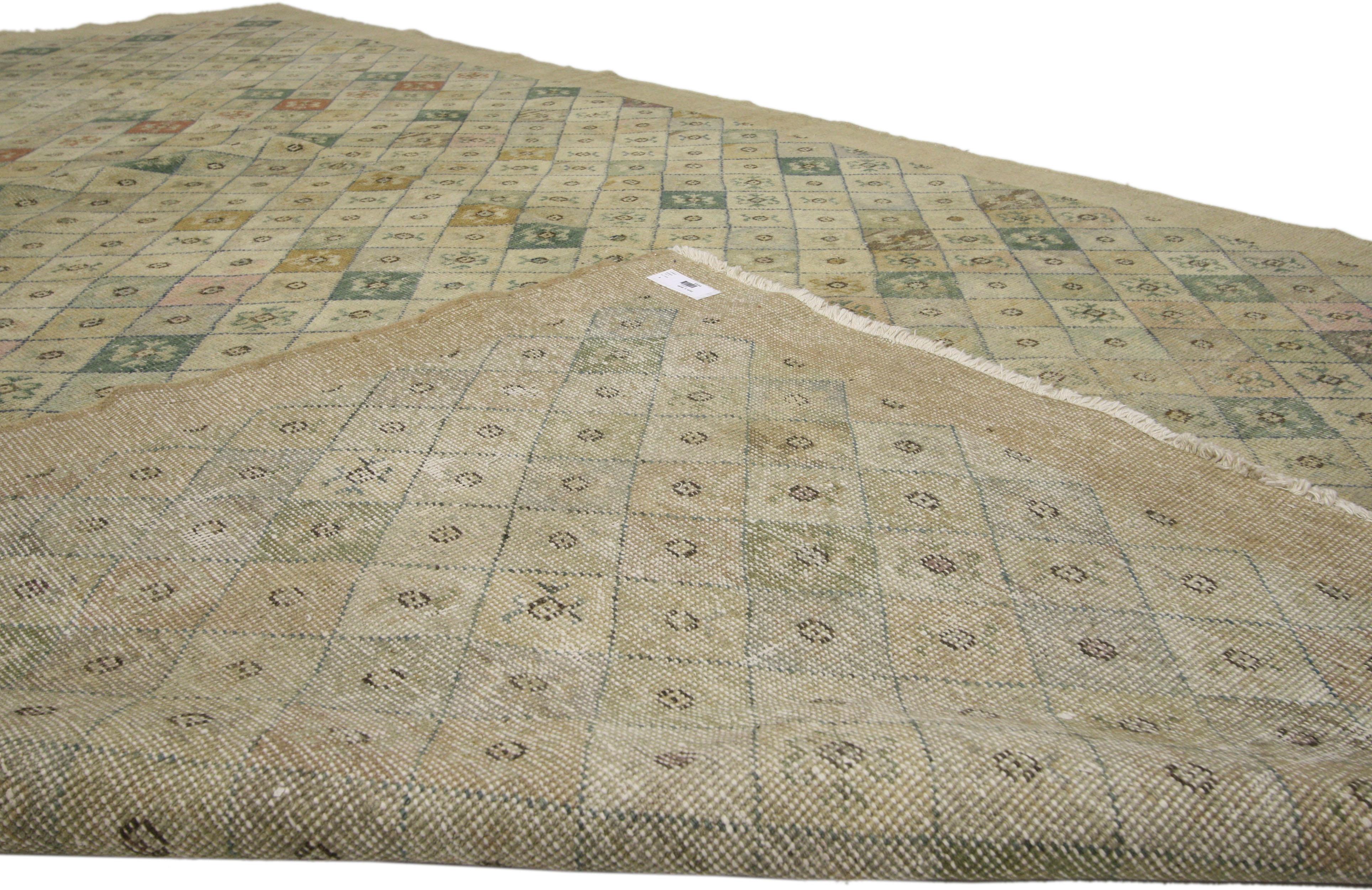 Hand-Knotted Distressed Vintage Turkish Sivas Rug with Shabby Chic Farmhouse Style