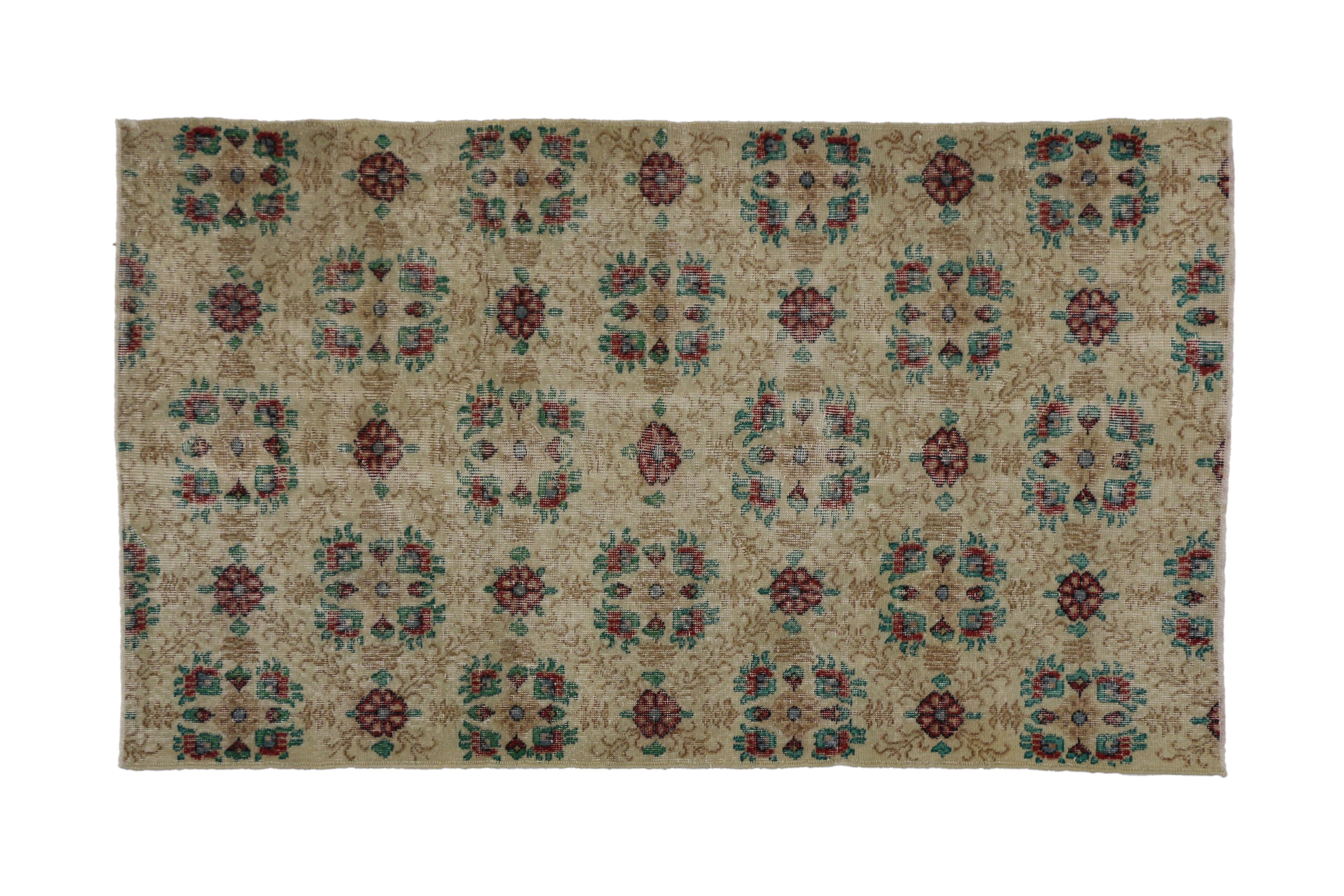 Hand-Knotted Distressed Vintage Turkish Sivas Rug with Shabby Chic Farmhouse Style For Sale