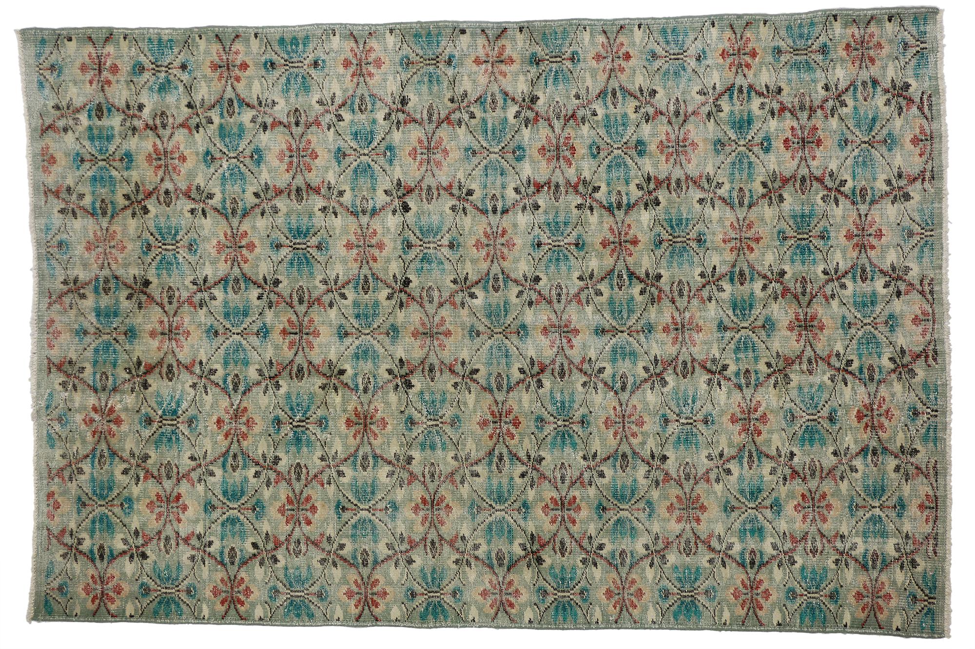 Hand-Knotted Distressed Vintage Turkish Sivas Rug with Shabby Chic Swedish Farmhouse Style For Sale