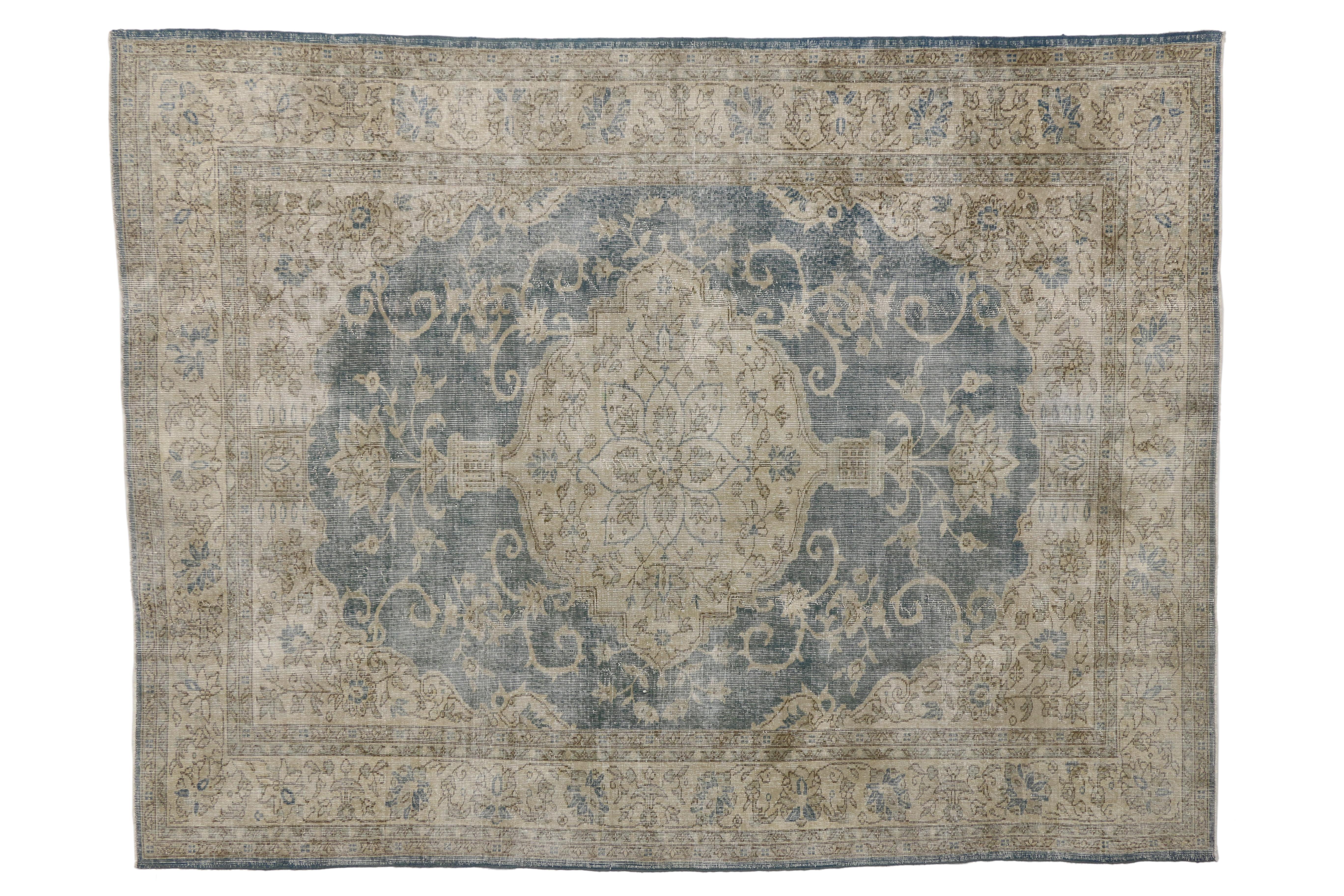 Hand-Knotted Distressed Vintage Turkish Sivas Rug with Shabby Chic Farmhouse Style