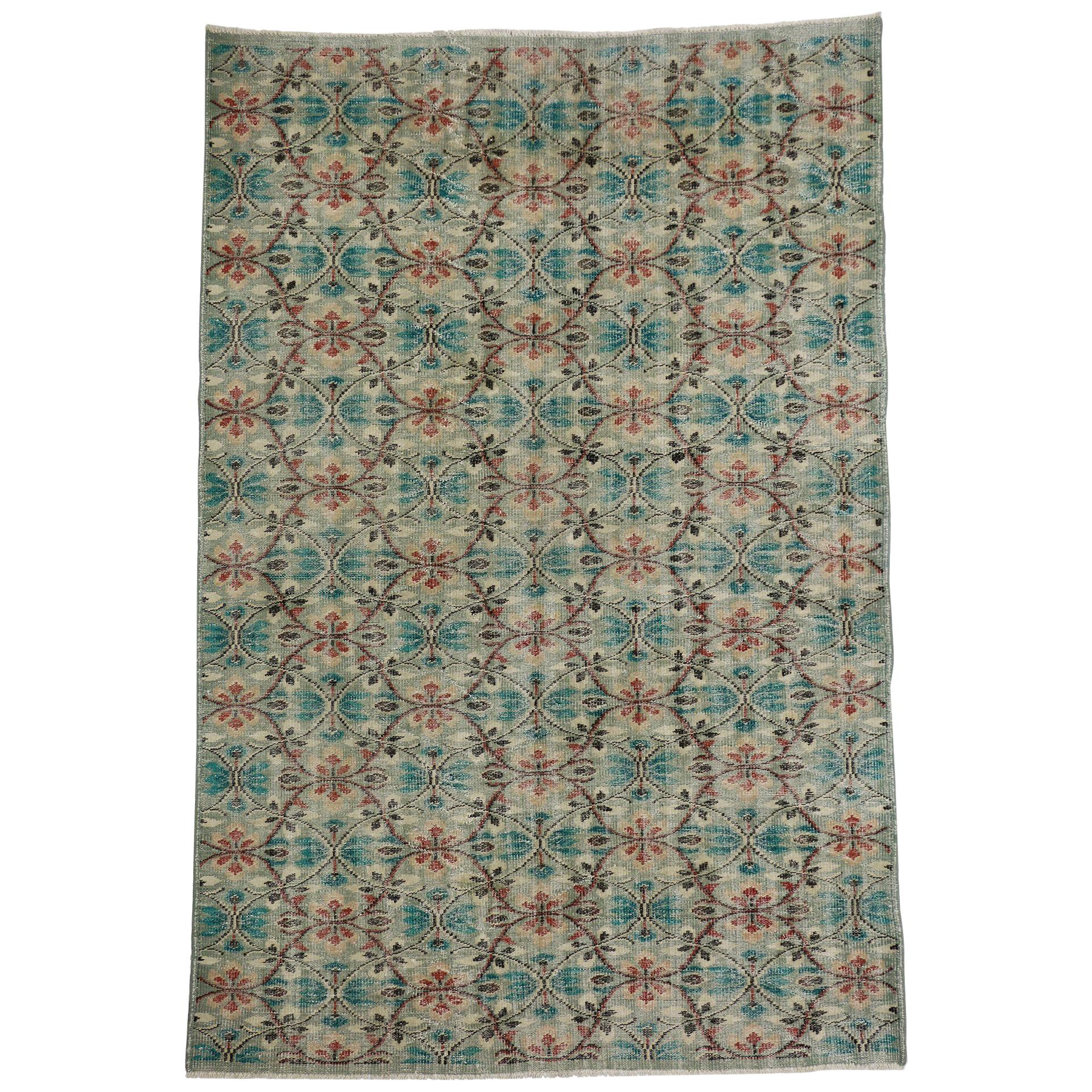 Distressed Vintage Turkish Sivas Rug with Shabby Chic Swedish Farmhouse Style