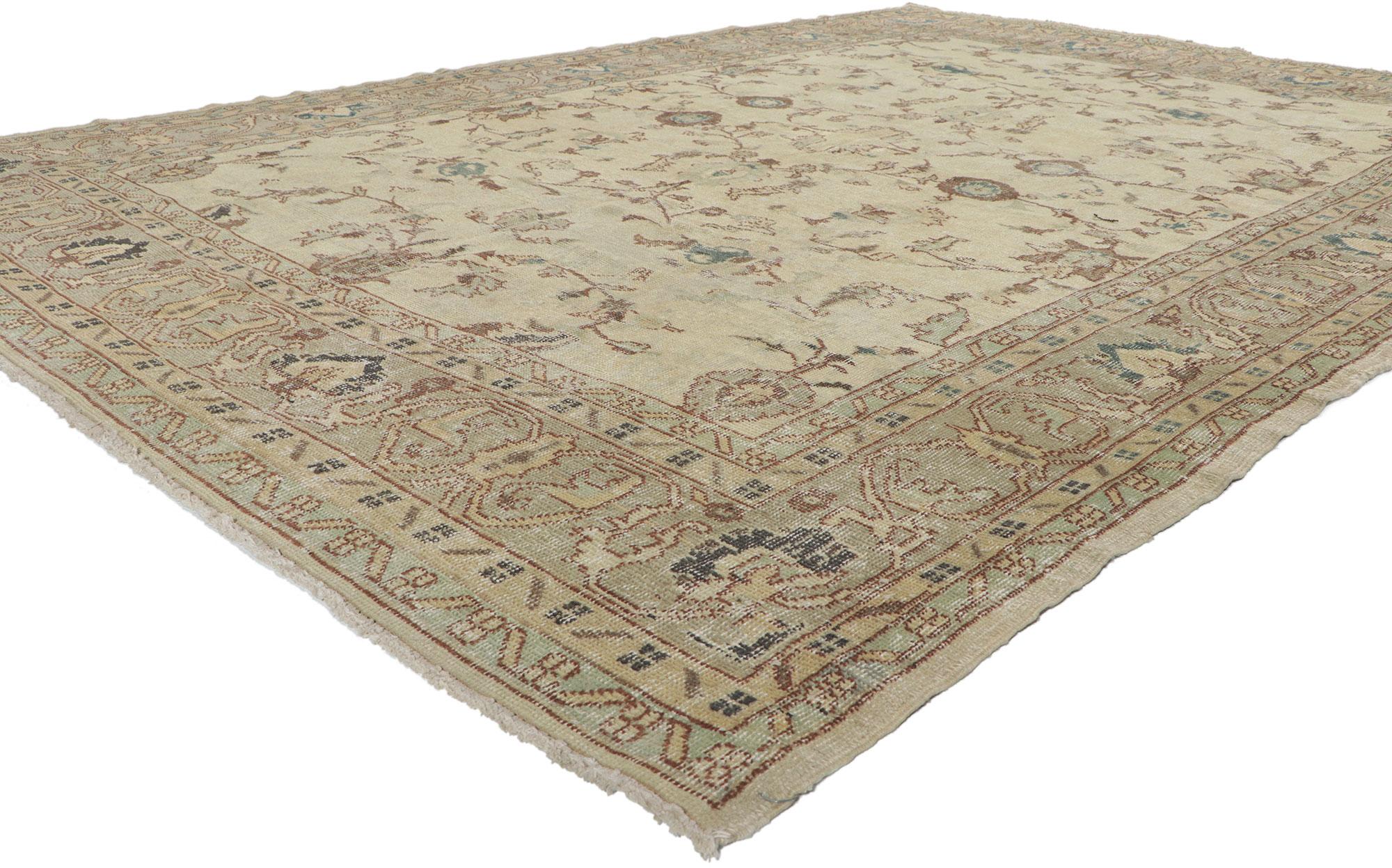 51234 Distressed Vintage Turkish Sivas Rug with Shabby Chic Gustavian Style 06'09 X 09'07. Whimsy and rusticity collide in this hand knotted wool distressed vintage Turkish Sivas rug. The field is covered in an all-over floral pattern composed of