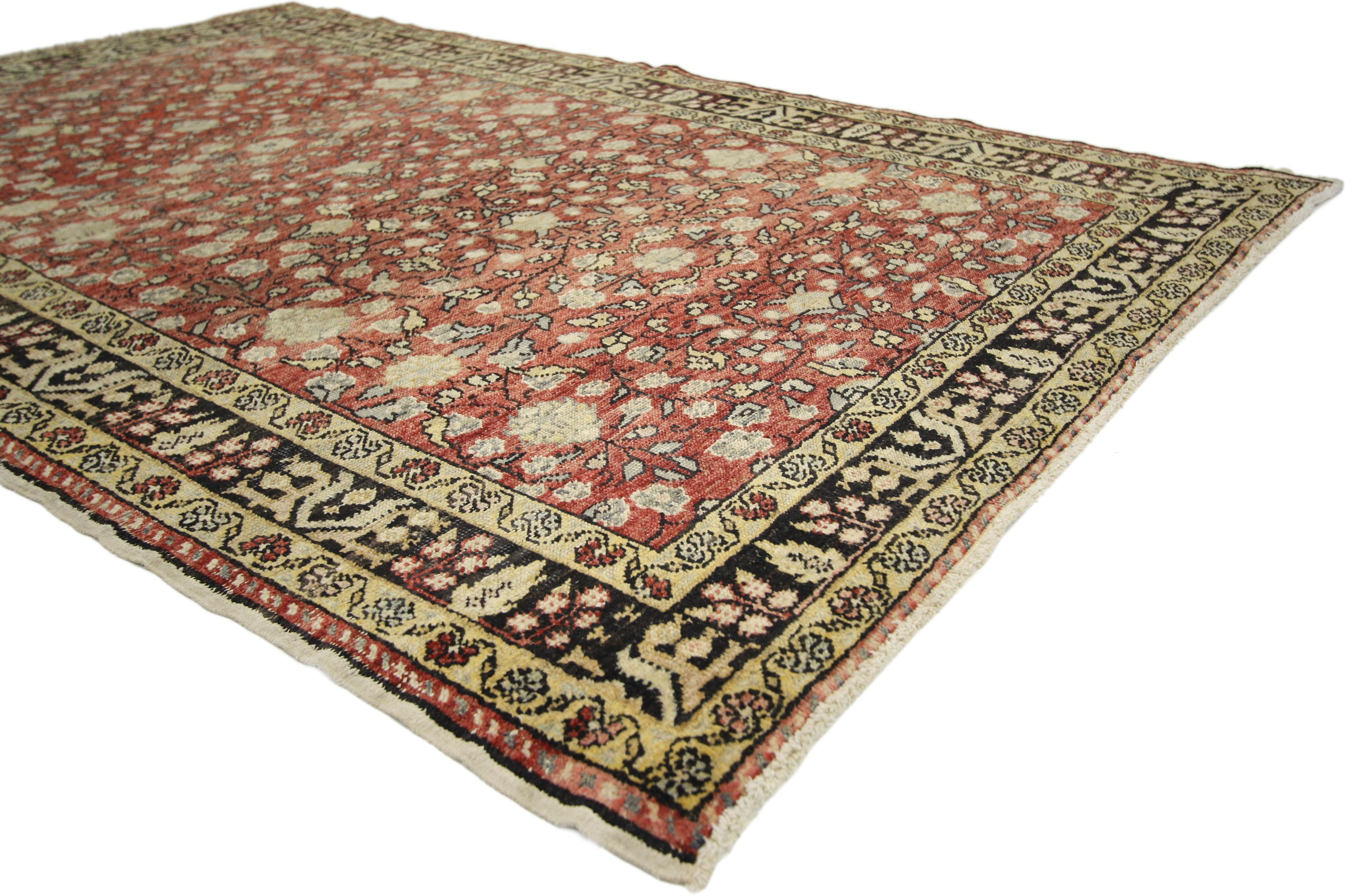 50334 distressed vintage Turkish Sivas rug with Rustic Art Nouveau and shabby chic style. With architectural elements of curved arabesque forms and decorative detailing, this hand knotted wool distressed vintage Turkish Sivas rug features an