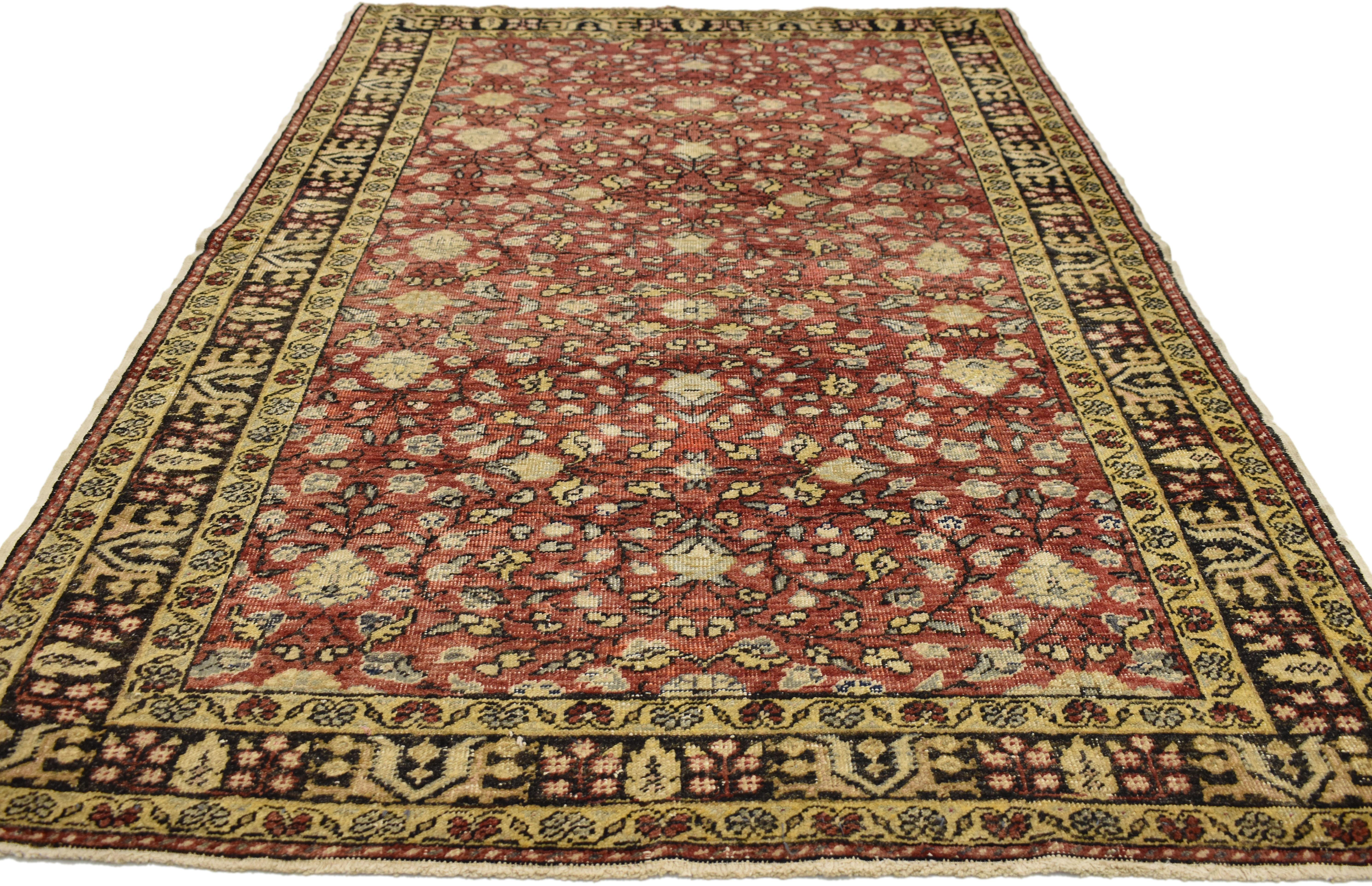 Distressed Vintage Turkish Sivas Rug with Shabby Chic Rustic Art Nouveau Style In Distressed Condition For Sale In Dallas, TX