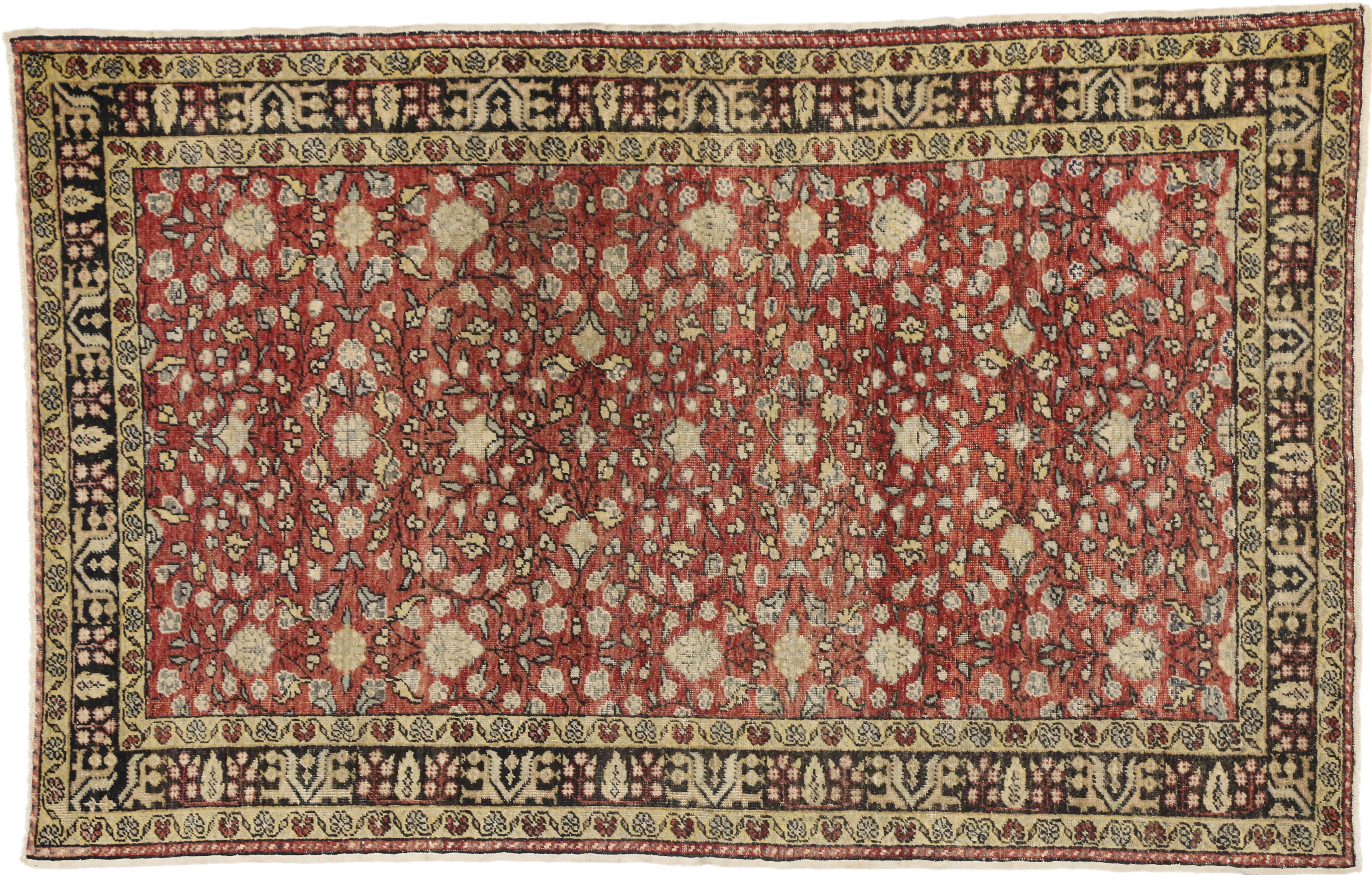 Wool Distressed Vintage Turkish Sivas Rug with Shabby Chic Rustic Art Nouveau Style For Sale