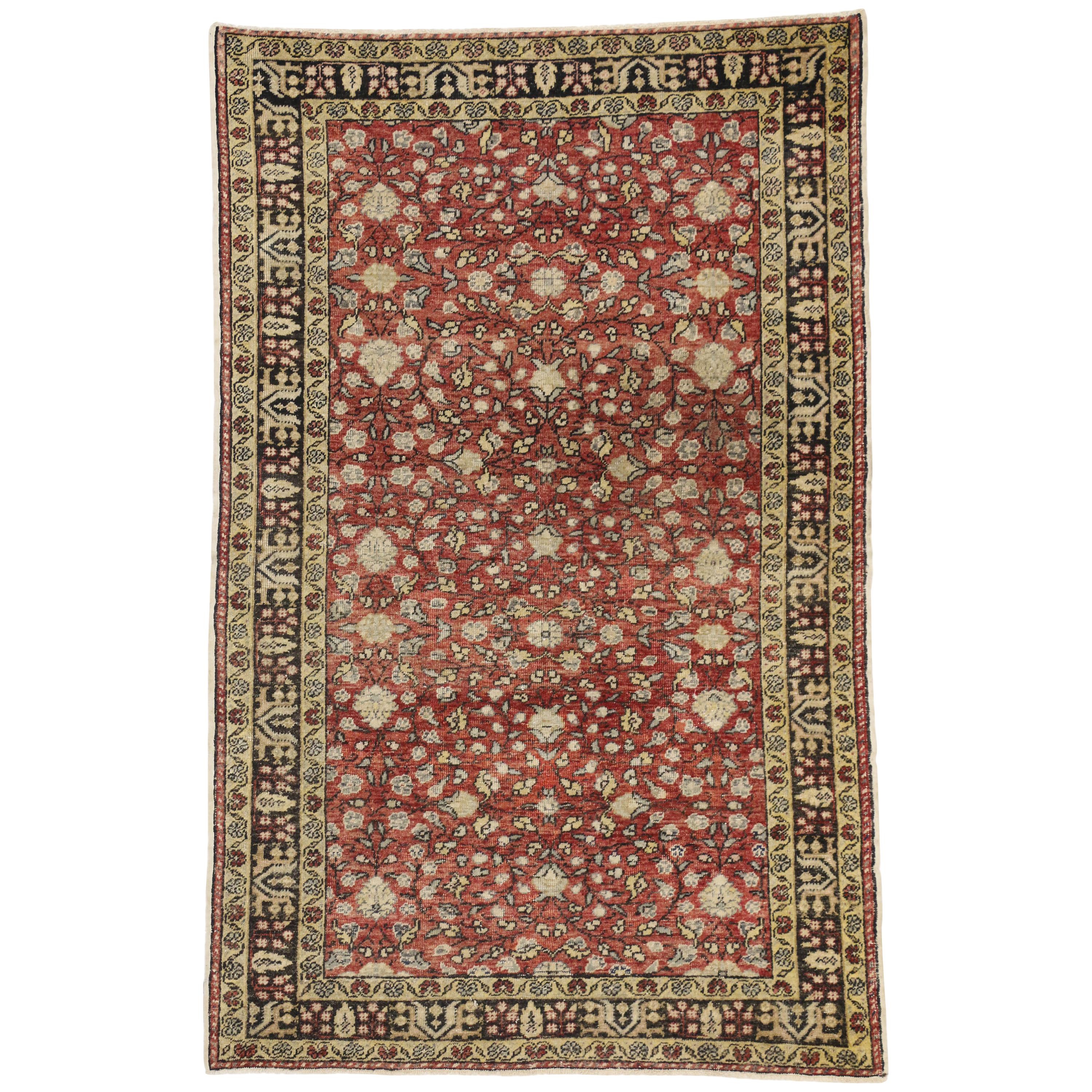 Distressed Vintage Turkish Sivas Rug with Shabby Chic Rustic Art Nouveau Style For Sale
